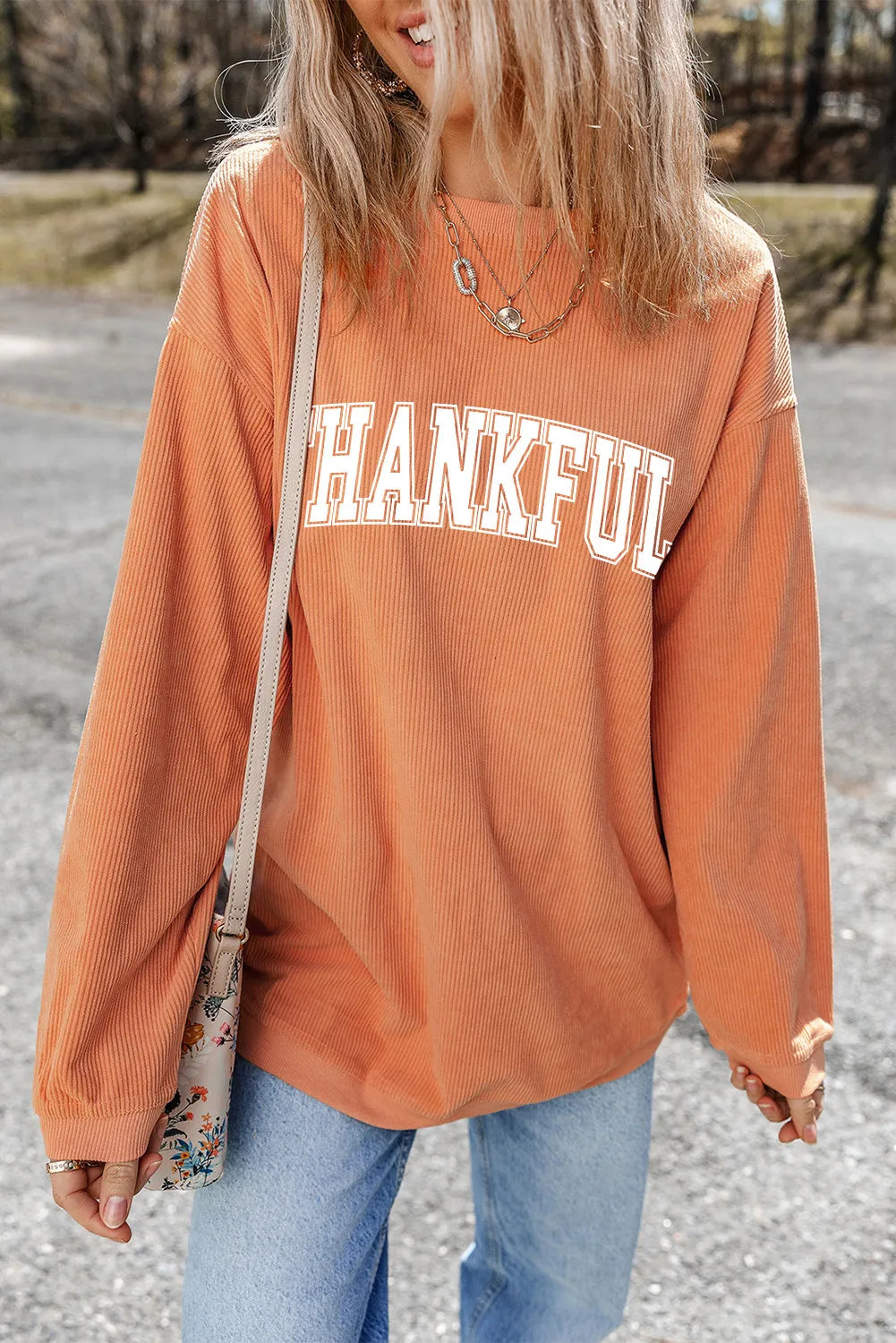 THANKFUL Round Neck Long Sleeve Sweatshirt-[Adult]-[Female]-2022 Online Blue Zone Planet