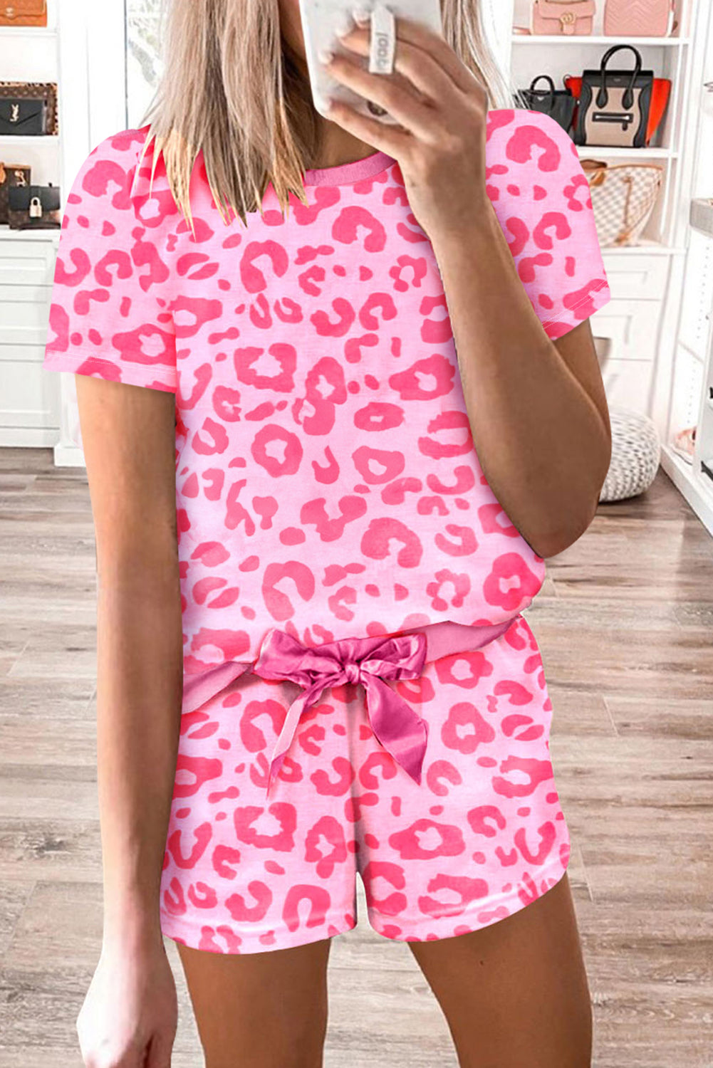 Pink Leopard Print Tee and Satin Tie Shorts Lounge Set-Loungewear & Sleepwear/Loungewear-[Adult]-[Female]-2022 Online Blue Zone Planet