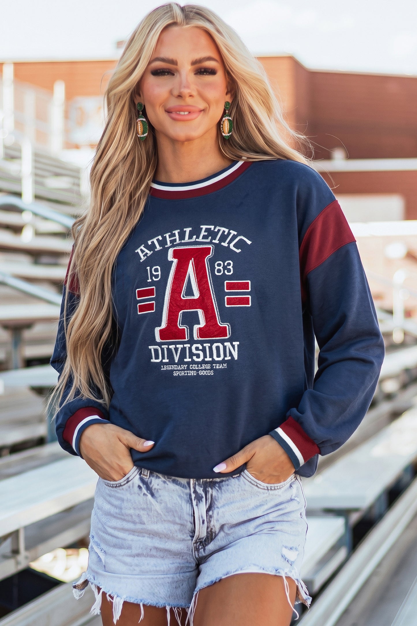 Sail Blue Patchwork Round Neck Long Sleeve Sweatshirt-Tops/Sweatshirts & Hoodies-[Adult]-[Female]-Sail Blue-S-2022 Online Blue Zone Planet