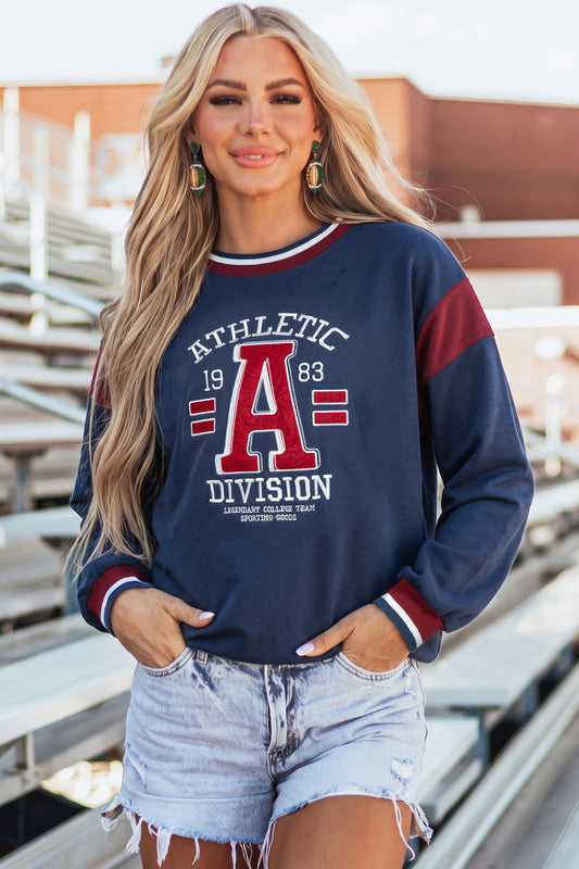 Sail Blue Patchwork Round Neck Long Sleeve Sweatshirt-Tops/Sweatshirts & Hoodies-[Adult]-[Female]-Sail Blue-S-2022 Online Blue Zone Planet