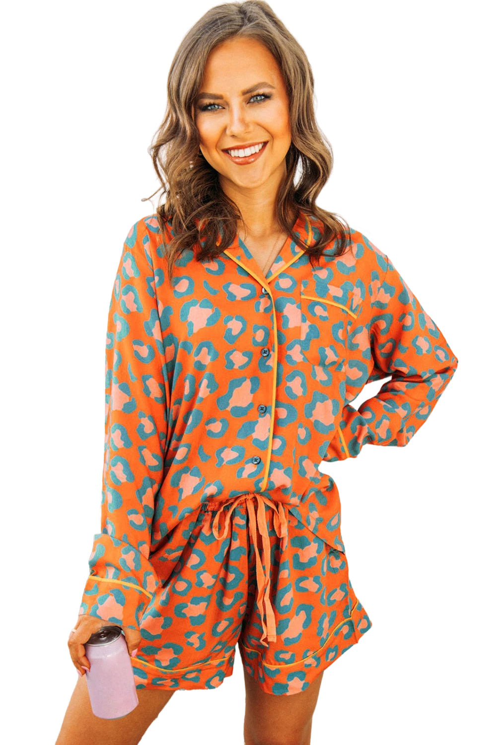 Blue Zone Planet | Orange Leopard Print Long Sleeve Shirt and Shorts Pajama Set-TOPS / DRESSES-[Adult]-[Female]-2022 Online Blue Zone Planet