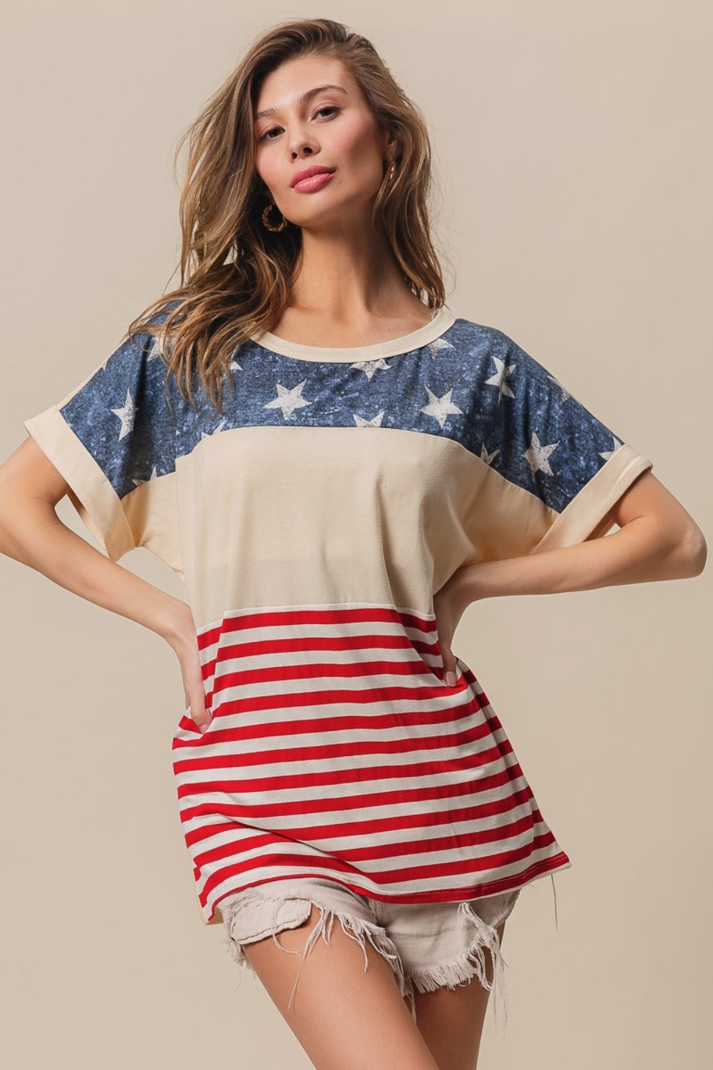 BiBi American Flag Theme Short Sleeve T-Shirt-TOPS / DRESSES-[Adult]-[Female]-2022 Online Blue Zone Planet