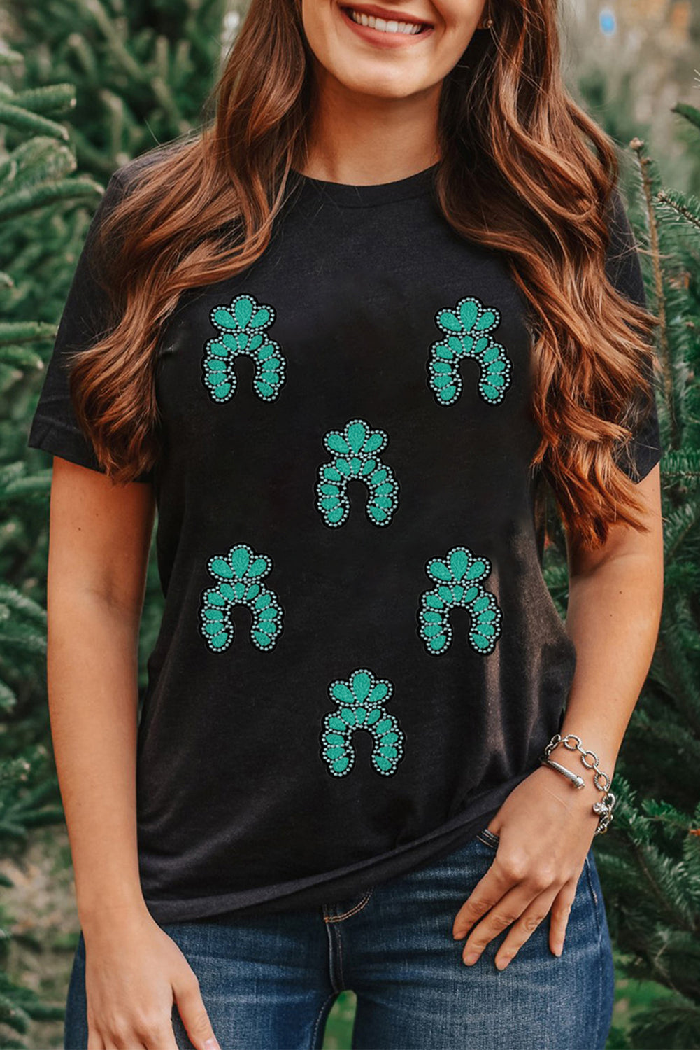 Black Western Turquoise Pattern Sequin Patched T Shirt-Graphic/Graphic Tees-[Adult]-[Female]-2022 Online Blue Zone Planet