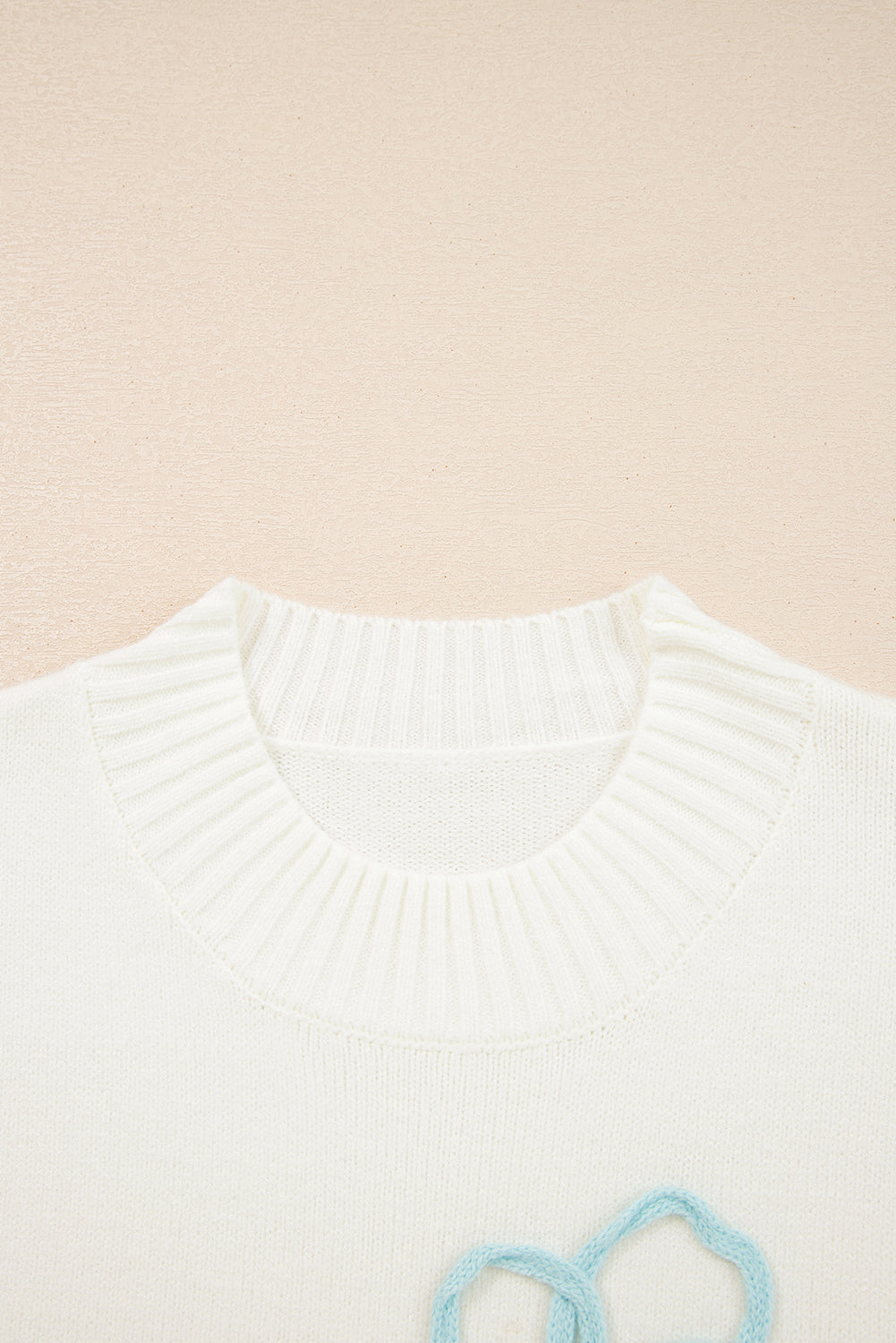 White Embroidered Flower Bouquet Ribbed Trim Loose Sweater-TOPS / DRESSES-[Adult]-[Female]-2022 Online Blue Zone Planet