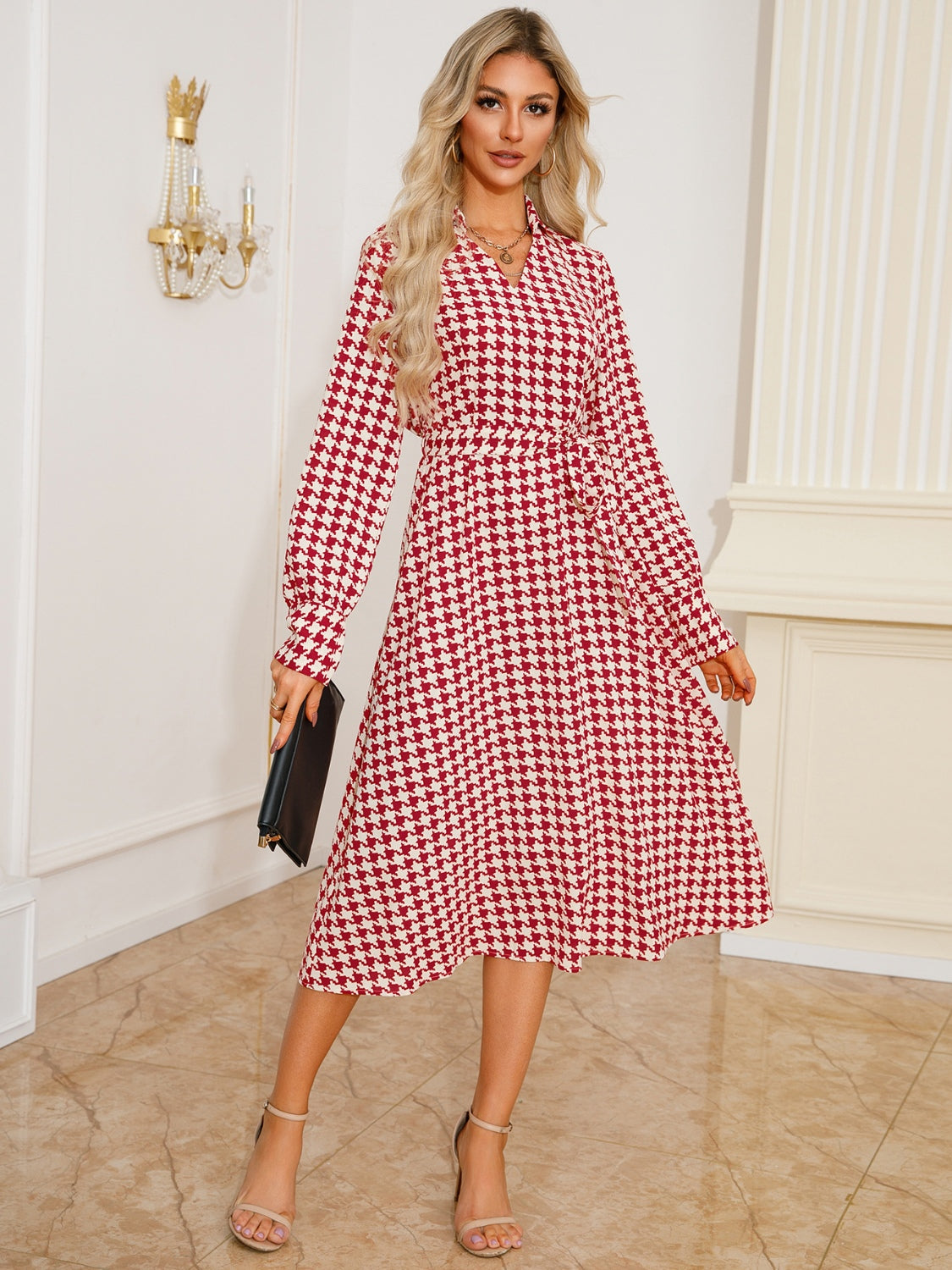 Tied Houndstooth Long Sleeve Midi Dress-TOPS / DRESSES-[Adult]-[Female]-2022 Online Blue Zone Planet