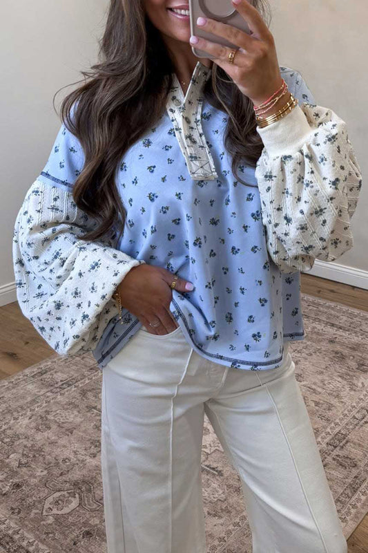 Sky Blue Floral Print Contrast Long Sleeve Tops-Tops/Long Sleeve Tops-[Adult]-[Female]-Sky Blue-S-2022 Online Blue Zone Planet