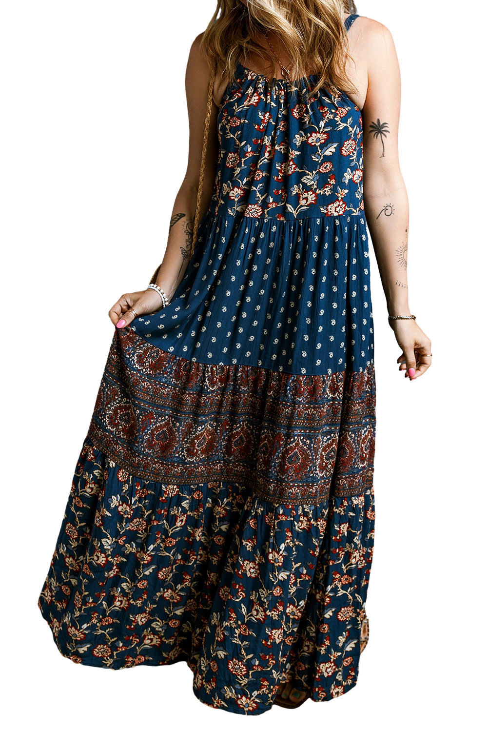 Blue Zone Planet | Blue Boho Floral Splicing Sleeveless Maxi Dress-TOPS / DRESSES-[Adult]-[Female]-2022 Online Blue Zone Planet