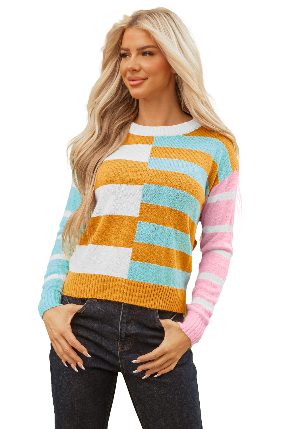 Jurassic Gold Color Block Striped Pullover Sweater-TOPS / DRESSES-[Adult]-[Female]-2022 Online Blue Zone Planet