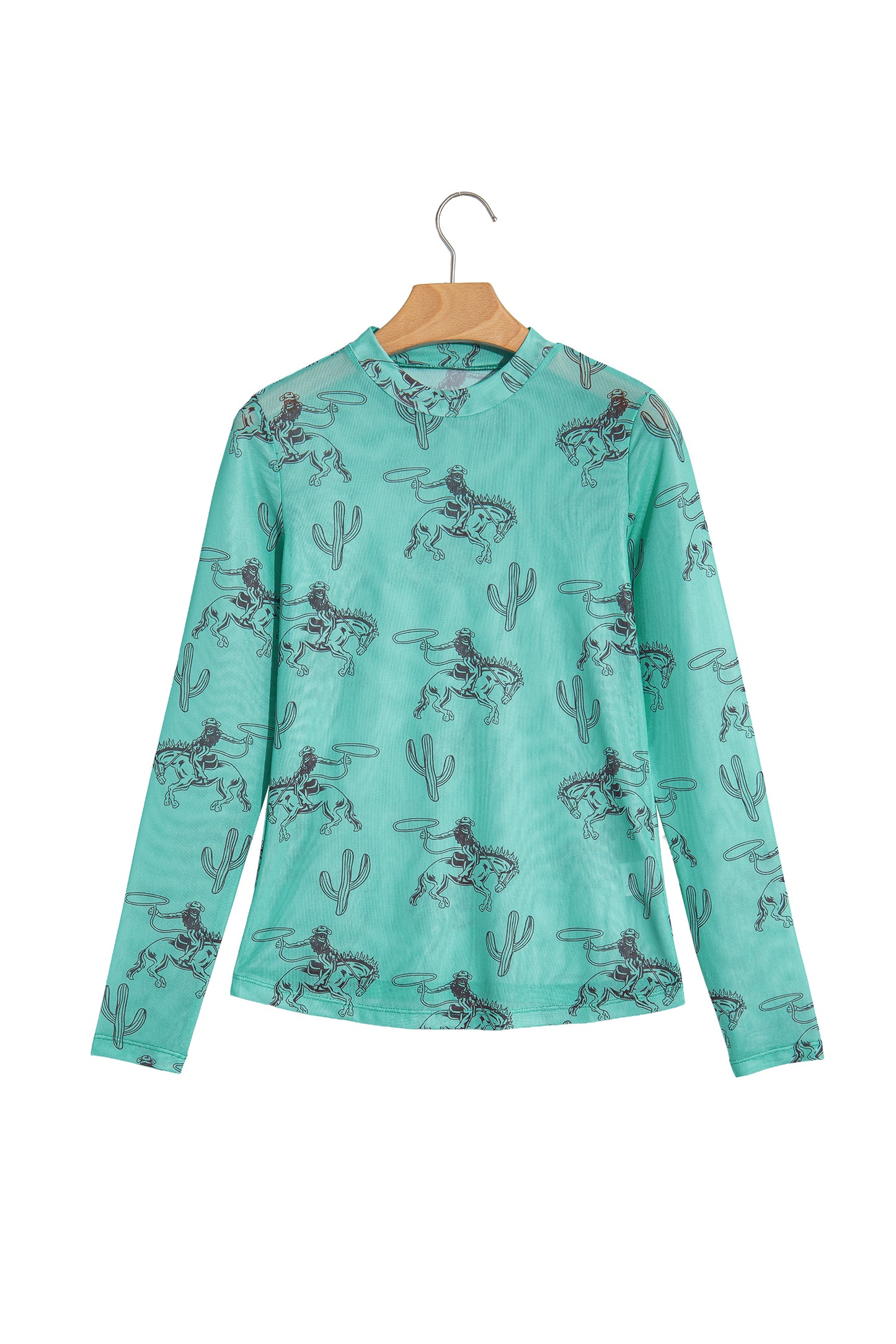 Aruba Blue Western Print High Neck Long Sleeve Sheath Mesh Top-Tops/Long Sleeve Tops-[Adult]-[Female]-2022 Online Blue Zone Planet