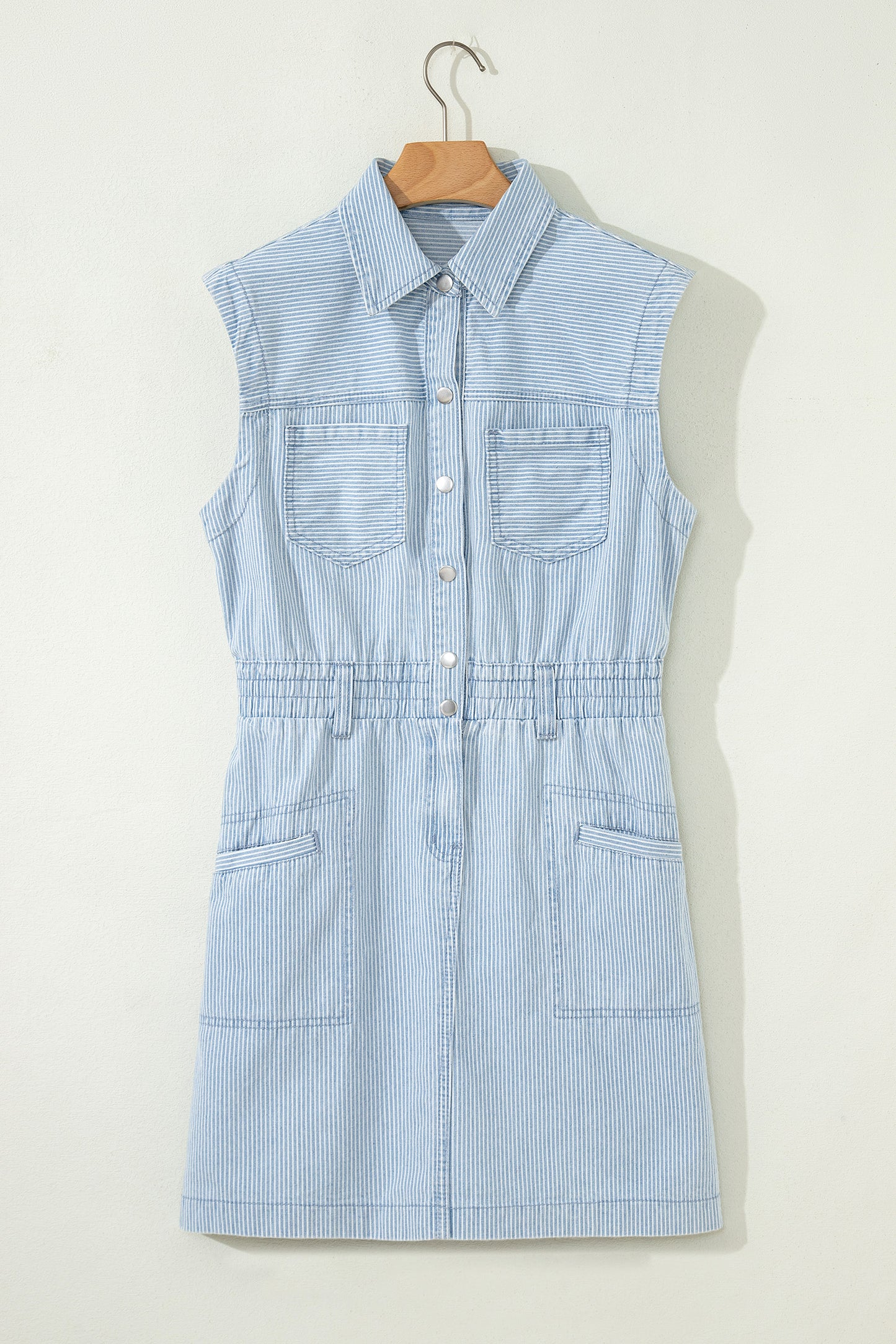 Sky Blue Stripe Collared Button Front Sleeveless Denim Mini Dress-TOPS / DRESSES-[Adult]-[Female]-2022 Online Blue Zone Planet