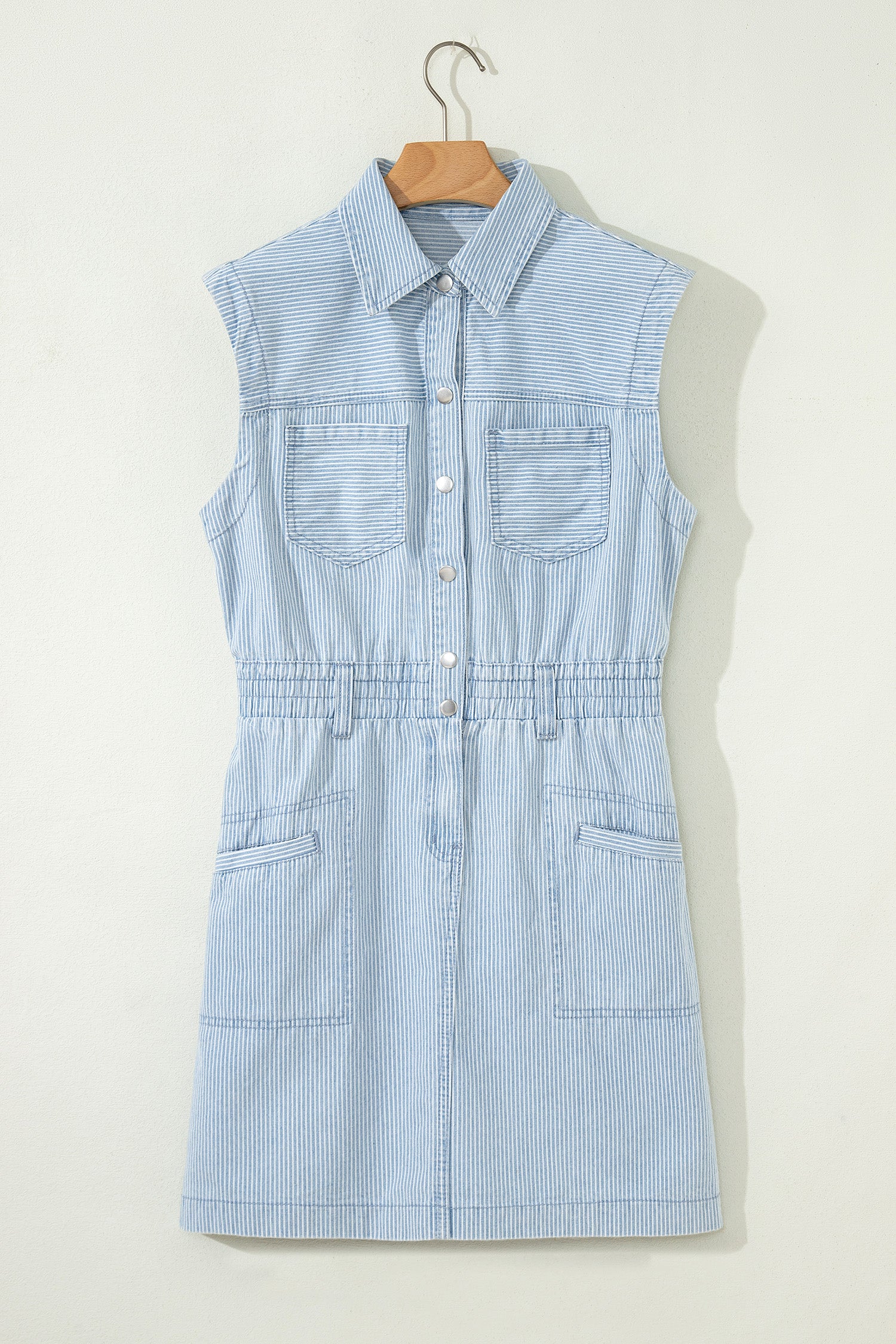 Sky Blue Stripe Collared Button Front Sleeveless Denim Mini Dress-TOPS / DRESSES-[Adult]-[Female]-2022 Online Blue Zone Planet