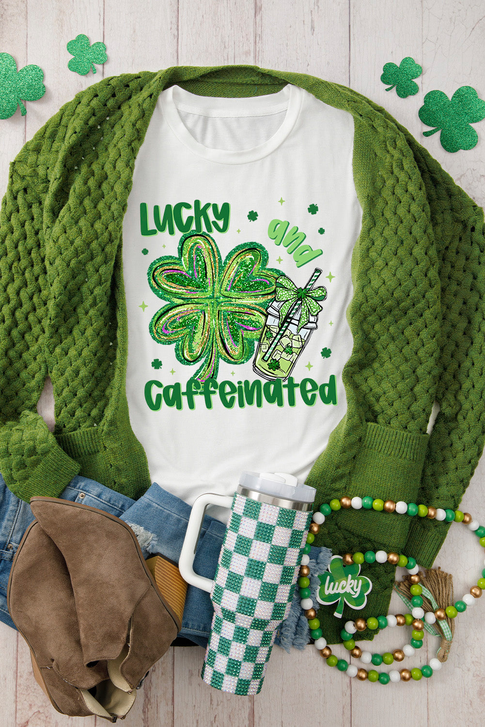 White Lucky And Caffeinated Clover Graphic St Patrick Tee