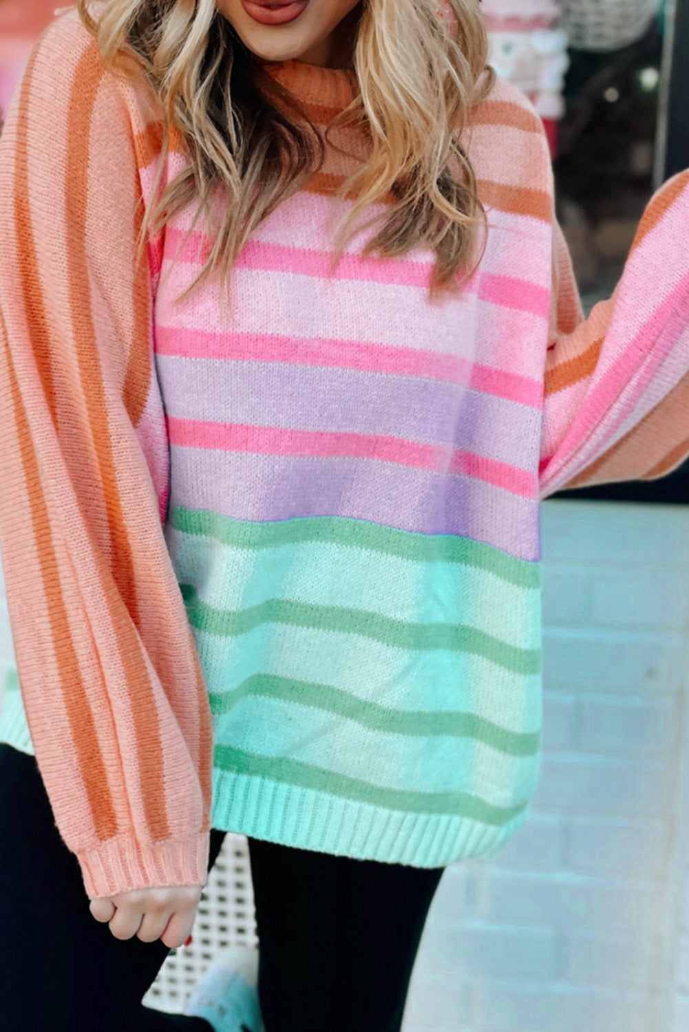 Yellow Stripe Gradient Striped Ribbed Edge Loose Sweater-TOPS / DRESSES-[Adult]-[Female]-Multicolour-S-2022 Online Blue Zone Planet