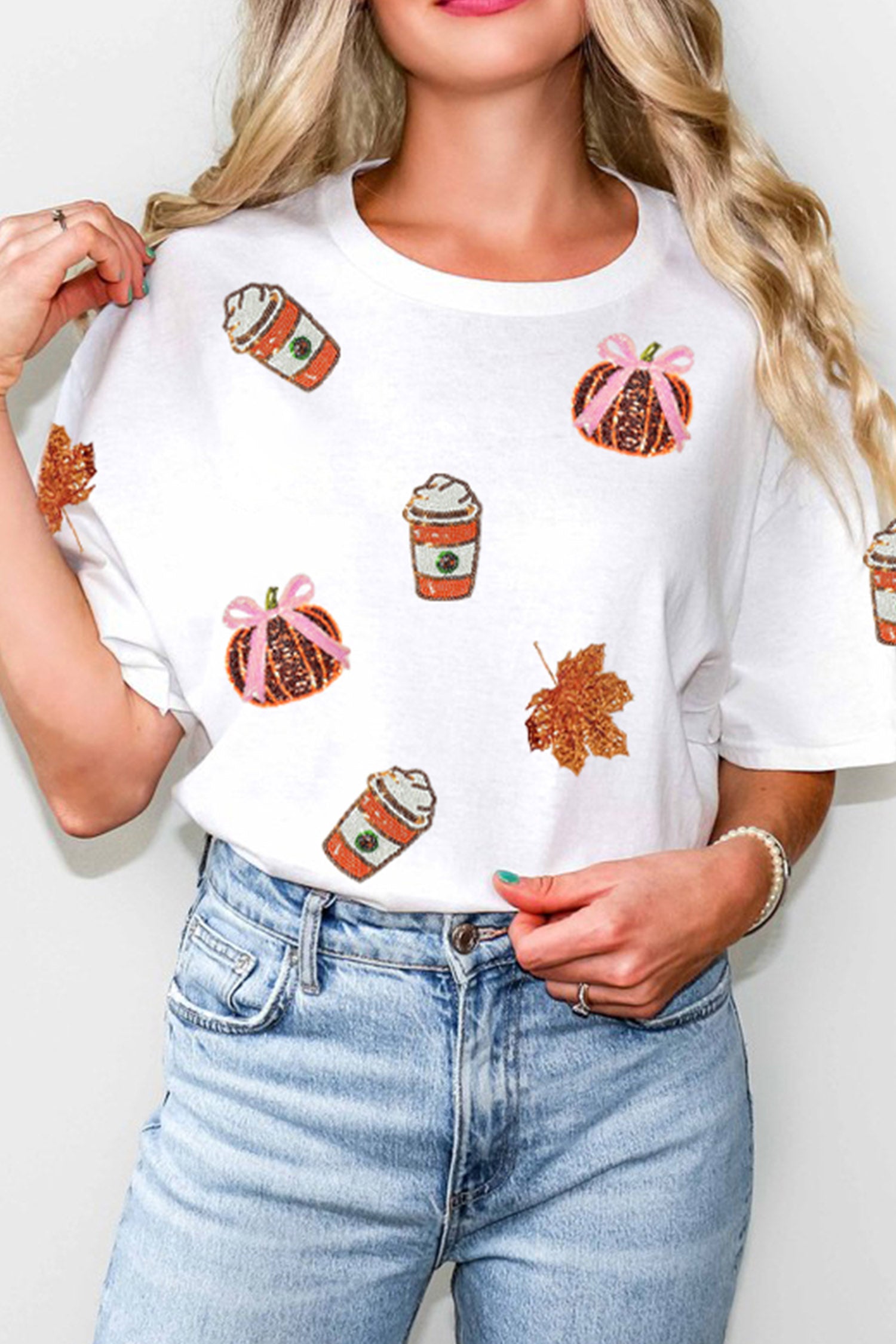White Sequined Pumpkin Fall Graphic Casual Shift T Shirt-Graphic/Graphic Tees-[Adult]-[Female]-2022 Online Blue Zone Planet
