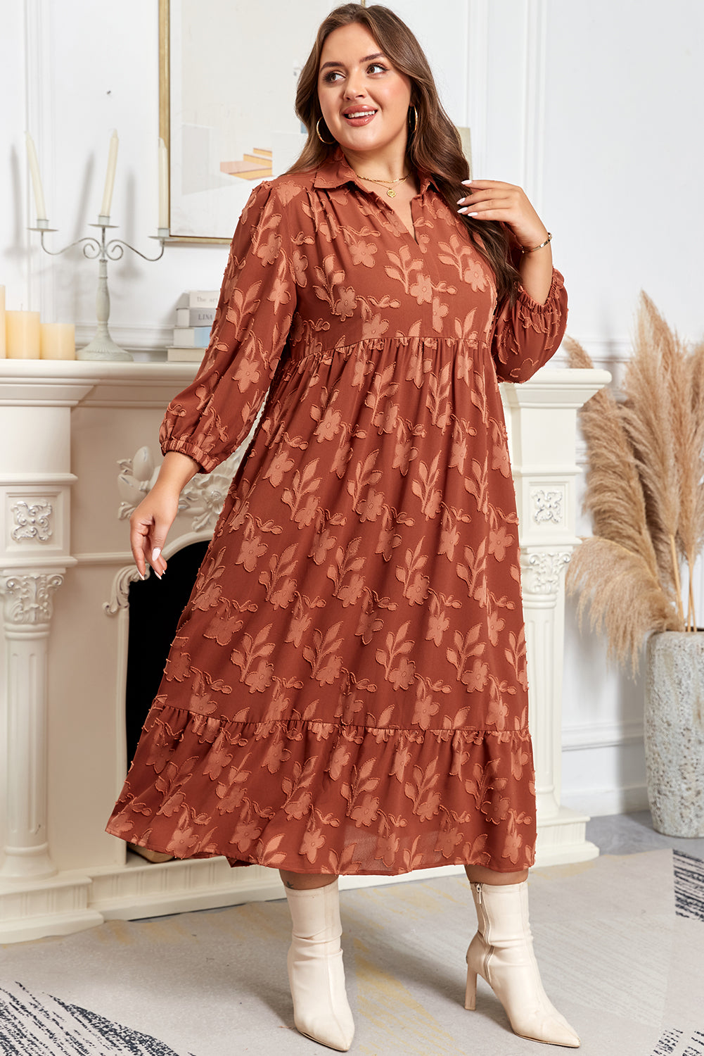 Cinnamon Plus Size Textured 3d Flower Pattern Ruffle Hem 3/4 Sleeve Long Dress-TOPS / DRESSES-[Adult]-[Female]-2022 Online Blue Zone Planet