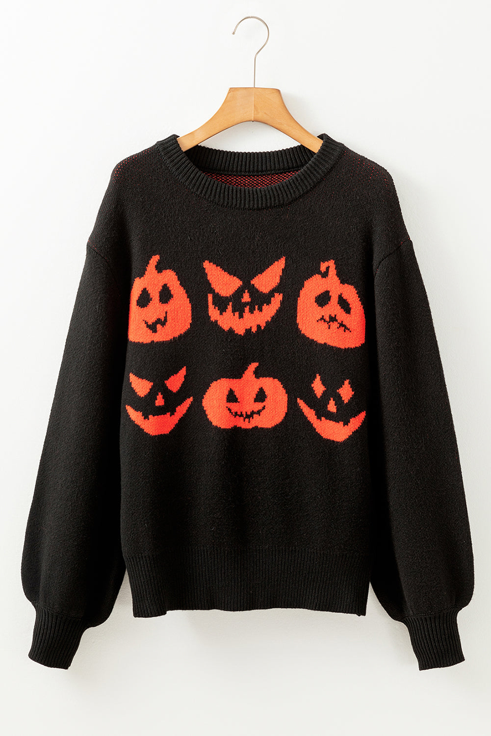 Blue Zone Planet | Black Halloween Pumpkin Face Pattern Drop Shoulder Sweater-Sweaters & Cardigans/Sweaters-[Adult]-[Female]-2022 Online Blue Zone Planet