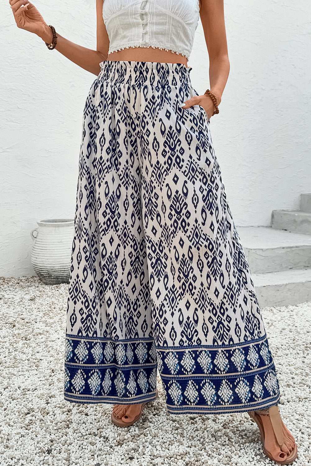 Blue Boho Pattern Print High Waist Wide Leg Loose Pants-Bottoms/Pants & Culotte-[Adult]-[Female]-Blue-S-2022 Online Blue Zone Planet