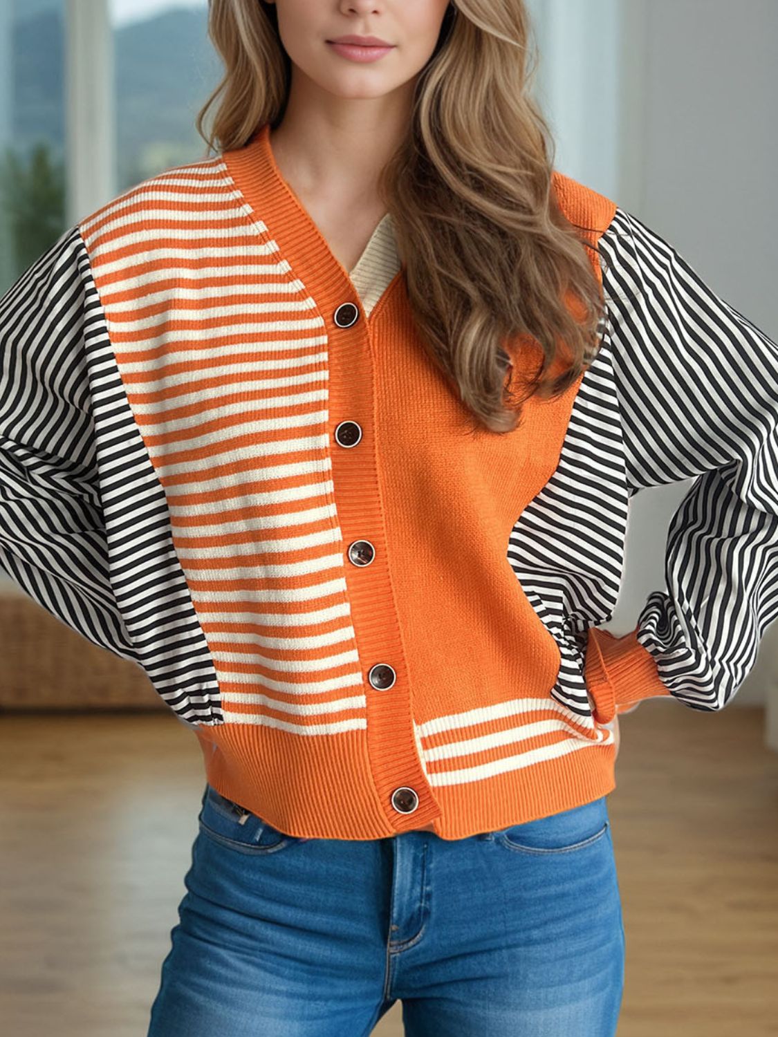 Blue Zone Planet | Striped Button Down Long Sleeve Cardigan-TOPS / DRESSES-[Adult]-[Female]-Orange-One Size-2022 Online Blue Zone Planet