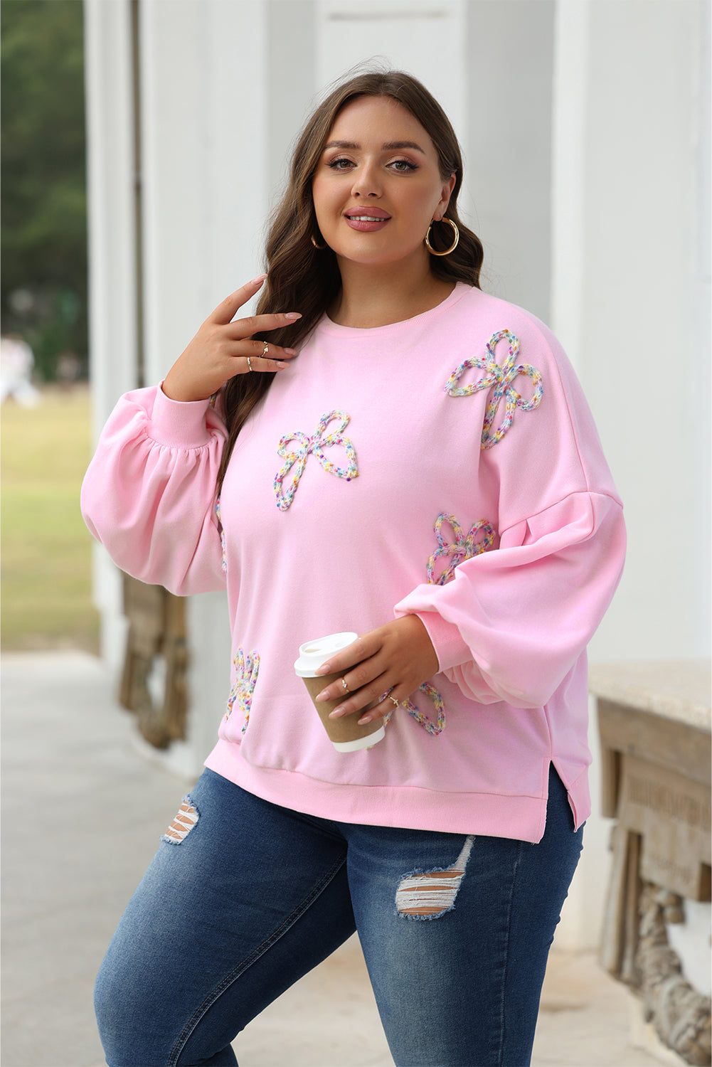 Blue Zone Planet | Light Pink Embroidered Bow Lantern Sleeve Oversized Pullover Sweatshirt-Tops/Sweatshirts & Hoodies-[Adult]-[Female]-2022 Online Blue Zone Planet