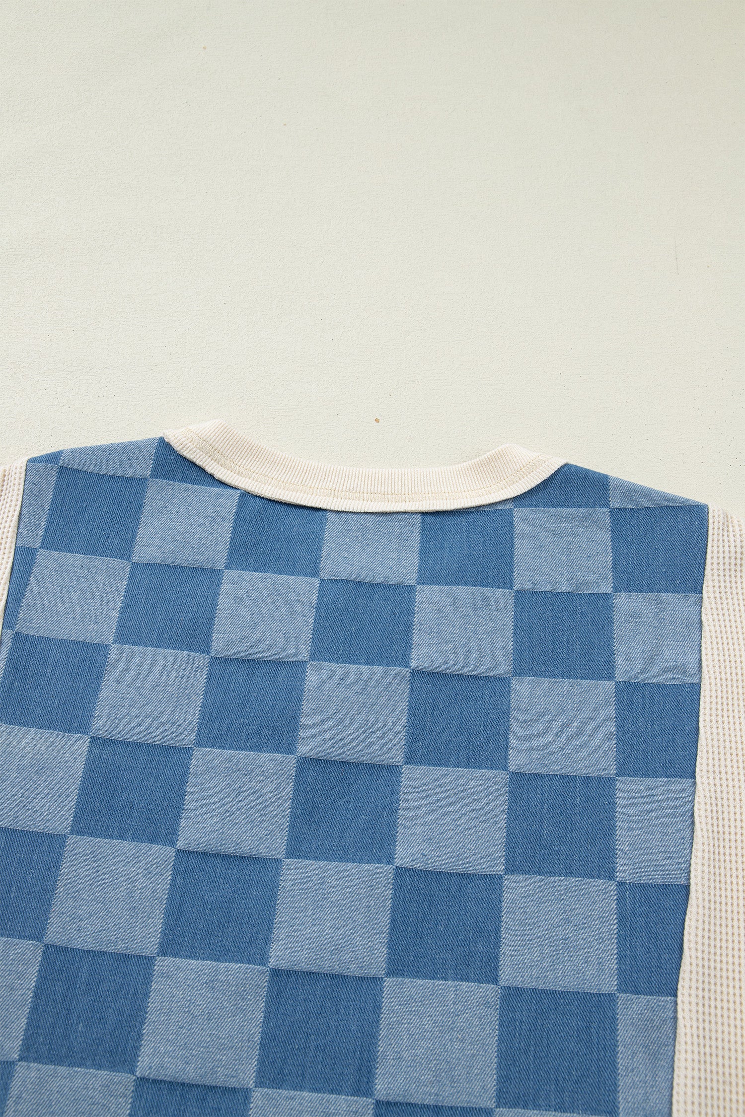 Dusk Blue Checkered Denim Patchwork Short Sleeve Loose Top-Tops/Tops & Tees-[Adult]-[Female]-2022 Online Blue Zone Planet