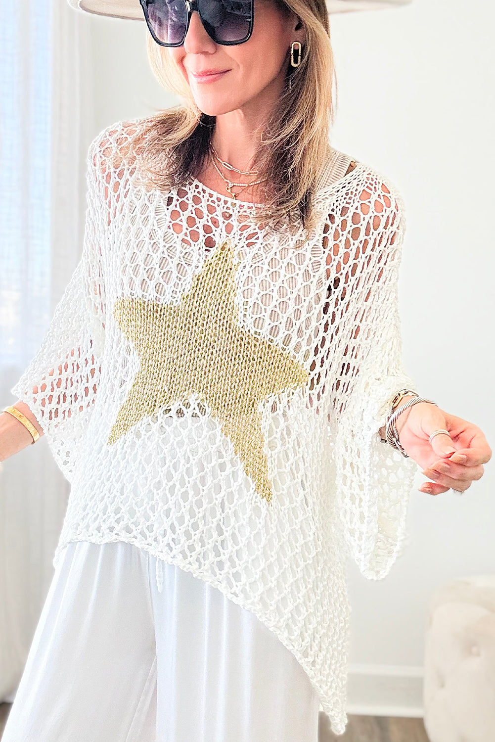 Blue Zone Planet |  White Star Graphic Crochet Knitted Summer Sweater Top Blue Zone Planet