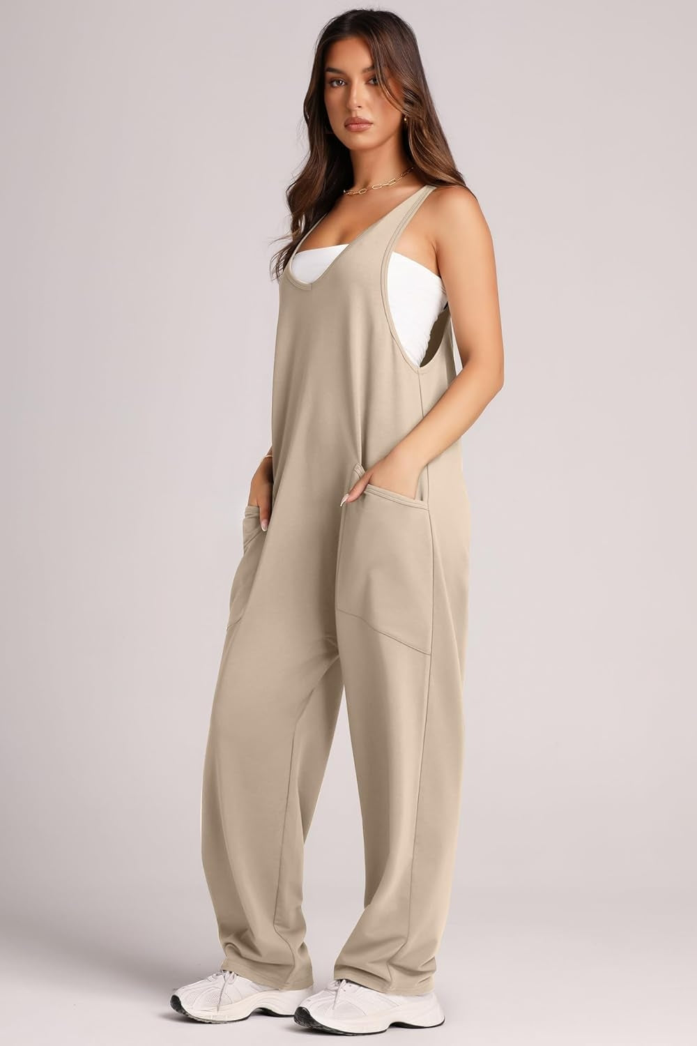 Blue Zone Planet | Wide Strap Jumpsuit with Pockets-TOPS / DRESSES-[Adult]-[Female]-Khaki-S-2022 Online Blue Zone Planet