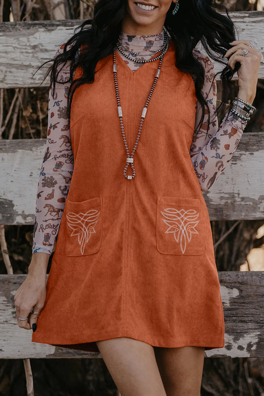Gold Flame Corduroy Western Embroidered Patched Pocket Shift Sleeveless Mini Dress-Dresses/Mini Dresses-[Adult]-[Female]-Gold Flame-S-2022 Online Blue Zone Planet