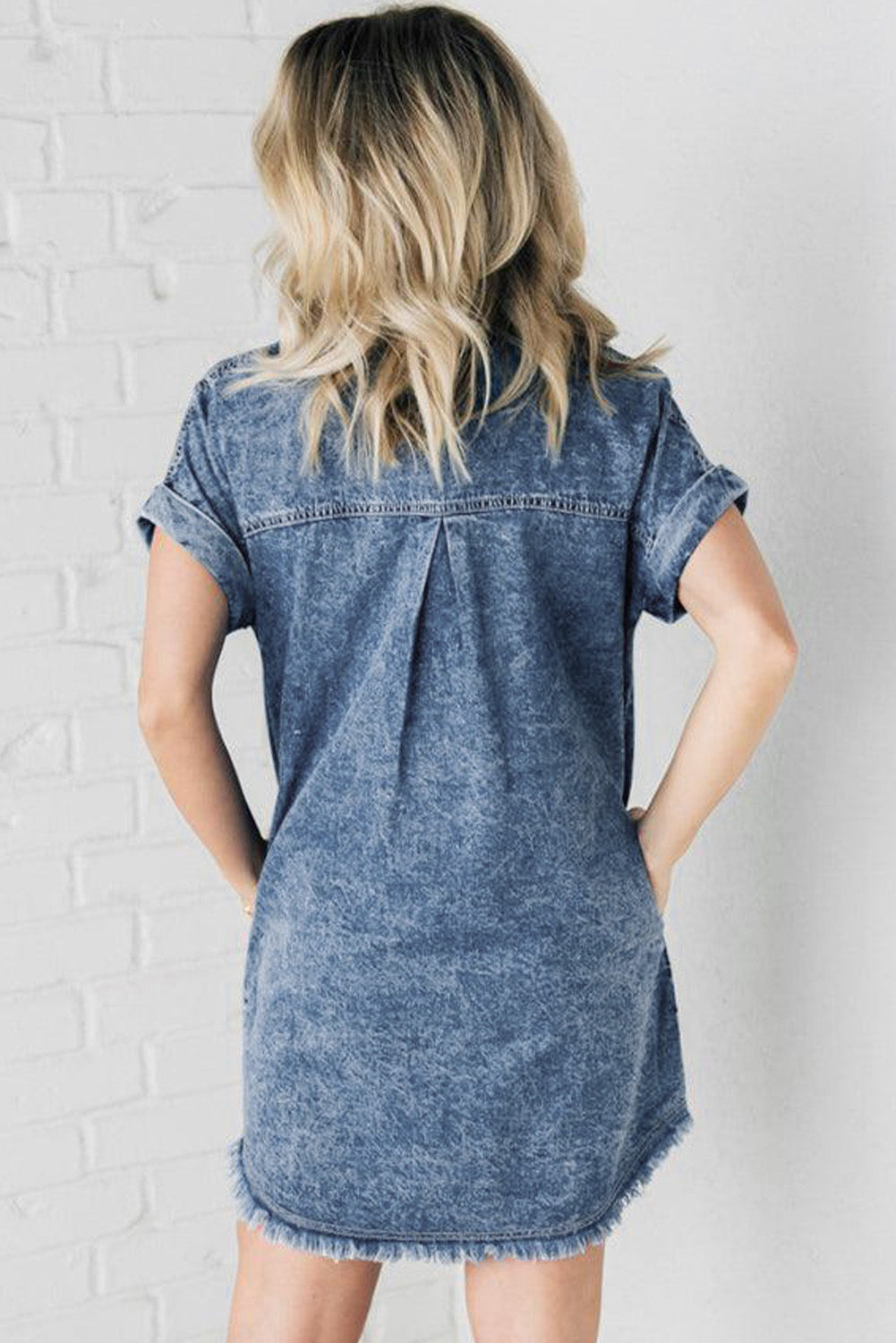 Blue Mineral Wash Cuffed Sleeve Frayed Hem Denim Dress-Dresses/Mini Dresses-[Adult]-[Female]-2022 Online Blue Zone Planet