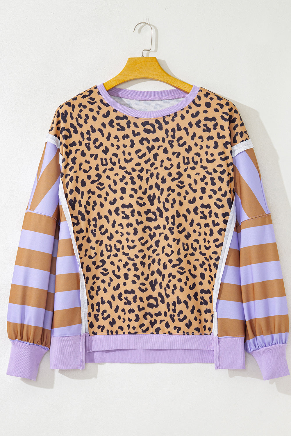 Purple Leopard Striped Patchwork Plus Size Loose Sweatshirt-Plus Size/Plus Size Sweatshirts & Hoodies-[Adult]-[Female]-2022 Online Blue Zone Planet