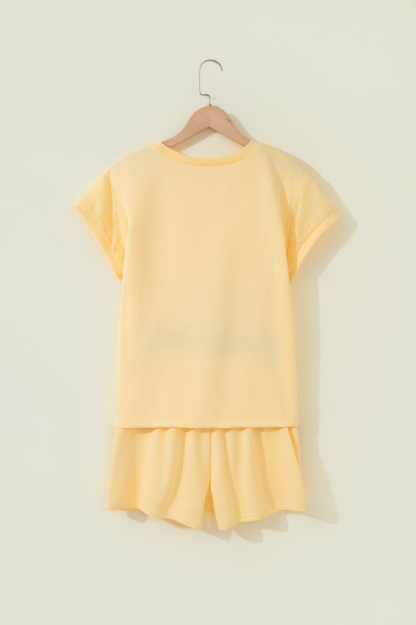 Yellow Eyelet Lace Patchwork Sleeve Short 2pcs Outfit-Two Piece Sets/Short Sets-[Adult]-[Female]-2022 Online Blue Zone Planet