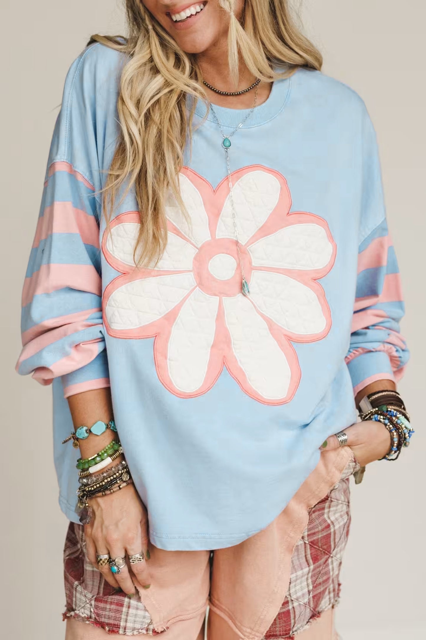 Beau Blue Big Flower Patch Drop Shoulder Striped Long Sleeve Top-Tops/Long Sleeve Tops-[Adult]-[Female]-Beau Blue-S-2022 Online Blue Zone Planet