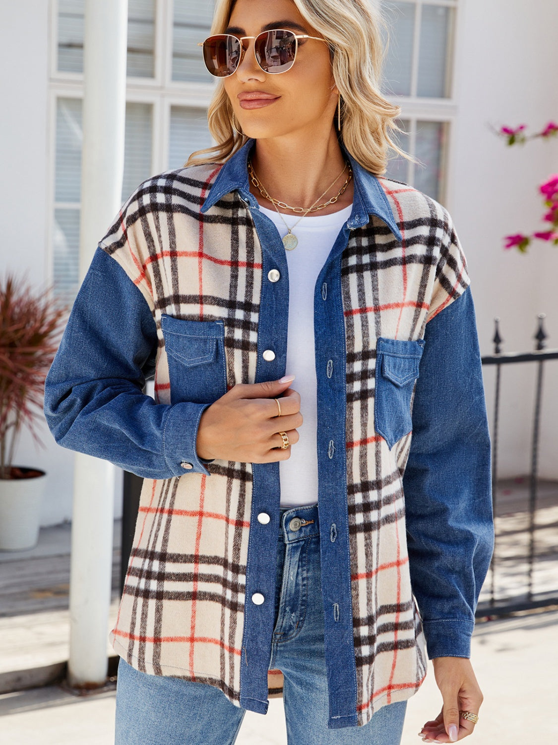 Plaid Long Sleeve Denim Jacket-TOPS / DRESSES-[Adult]-[Female]-Dusty Blue-S-2022 Online Blue Zone Planet