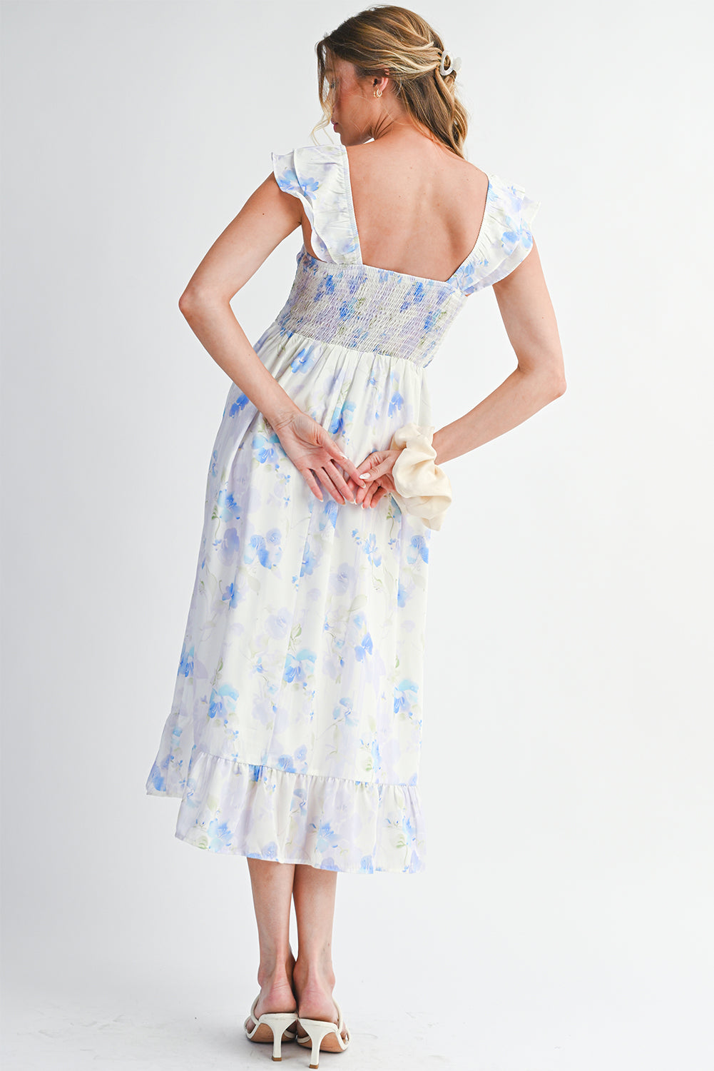 Sky Blue Floral Smocked High Waist Ruffle Sleeveless Long Dress-TOPS / DRESSES-[Adult]-[Female]-2022 Online Blue Zone Planet