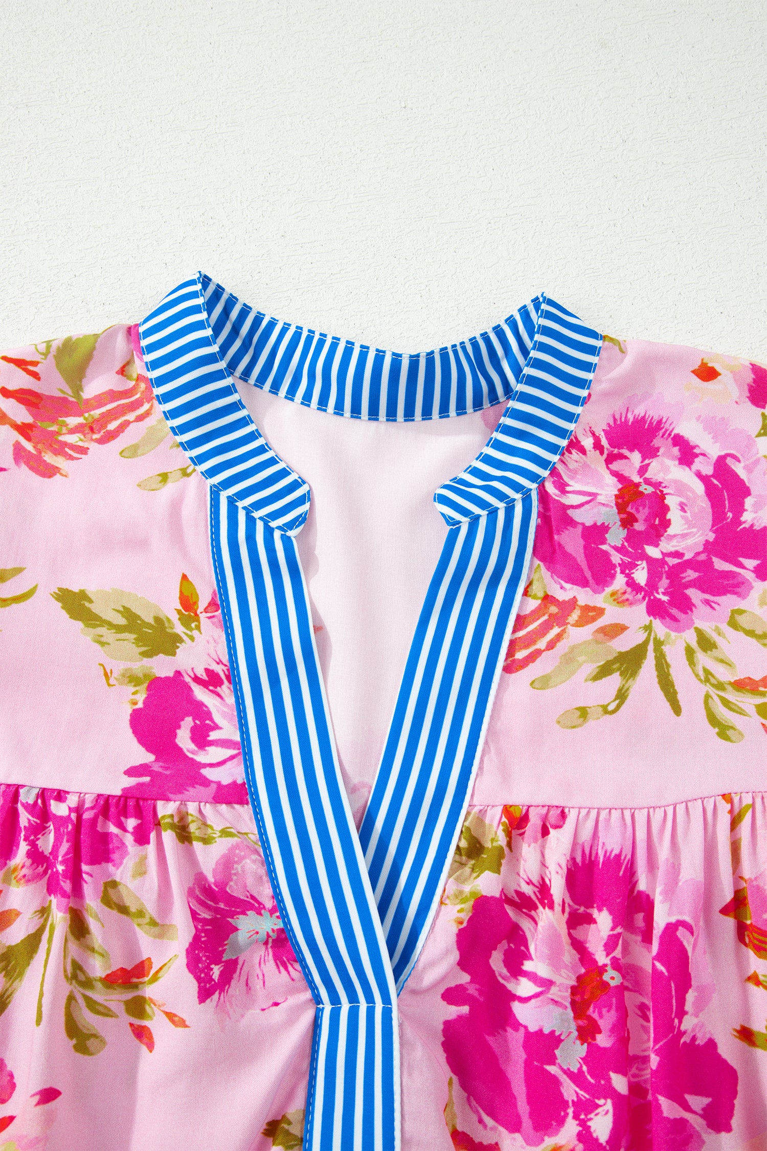 Multicolour Floral Half Sleeve Striped Trim V Neck Blouse-Tops/Blouses & Shirts-[Adult]-[Female]-2022 Online Blue Zone Planet