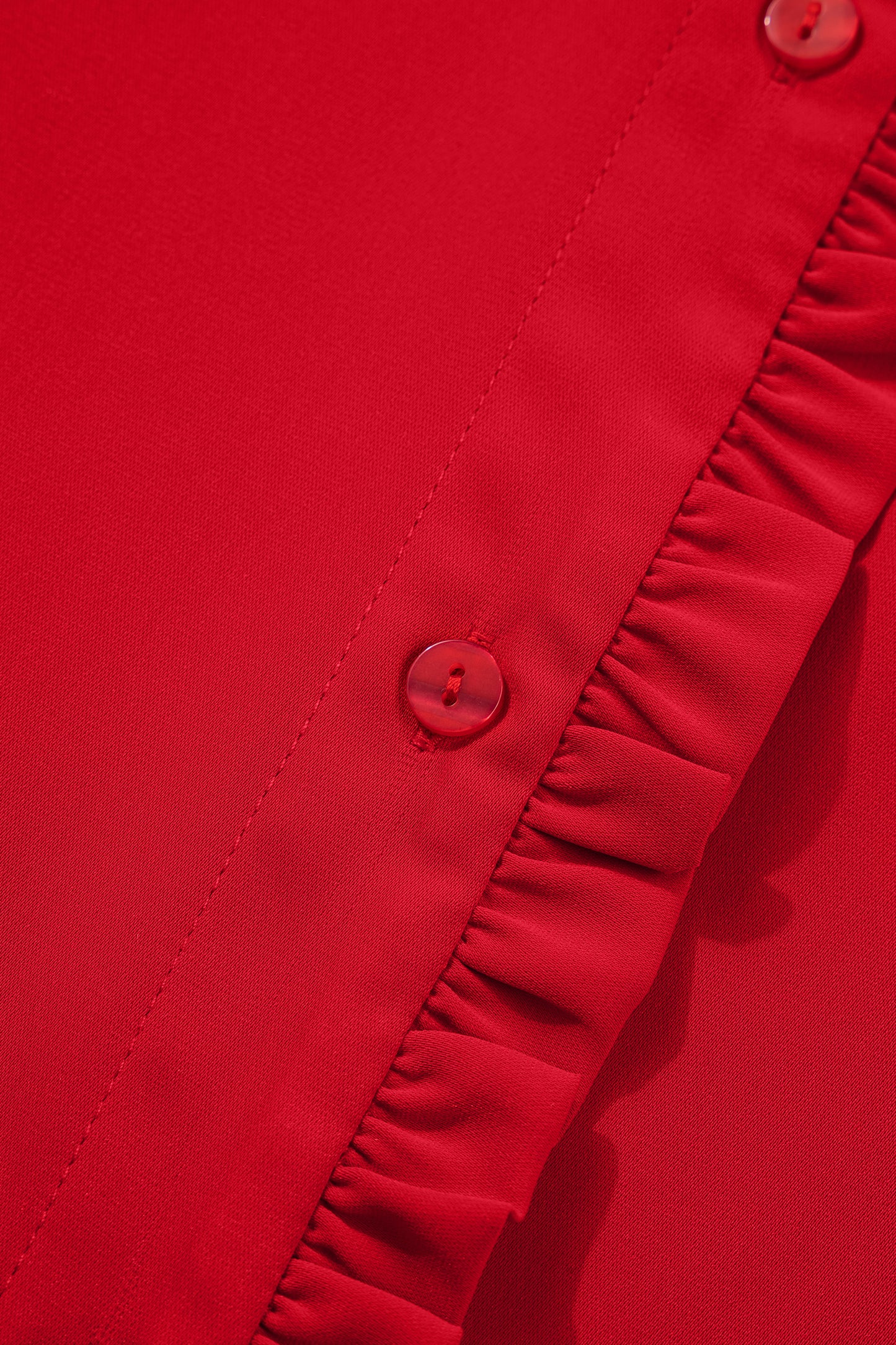 Fiery Red Frilled Trim Button Up Pleated Long Sleeve Shirt-Tops/Blouses & Shirts-[Adult]-[Female]-2022 Online Blue Zone Planet