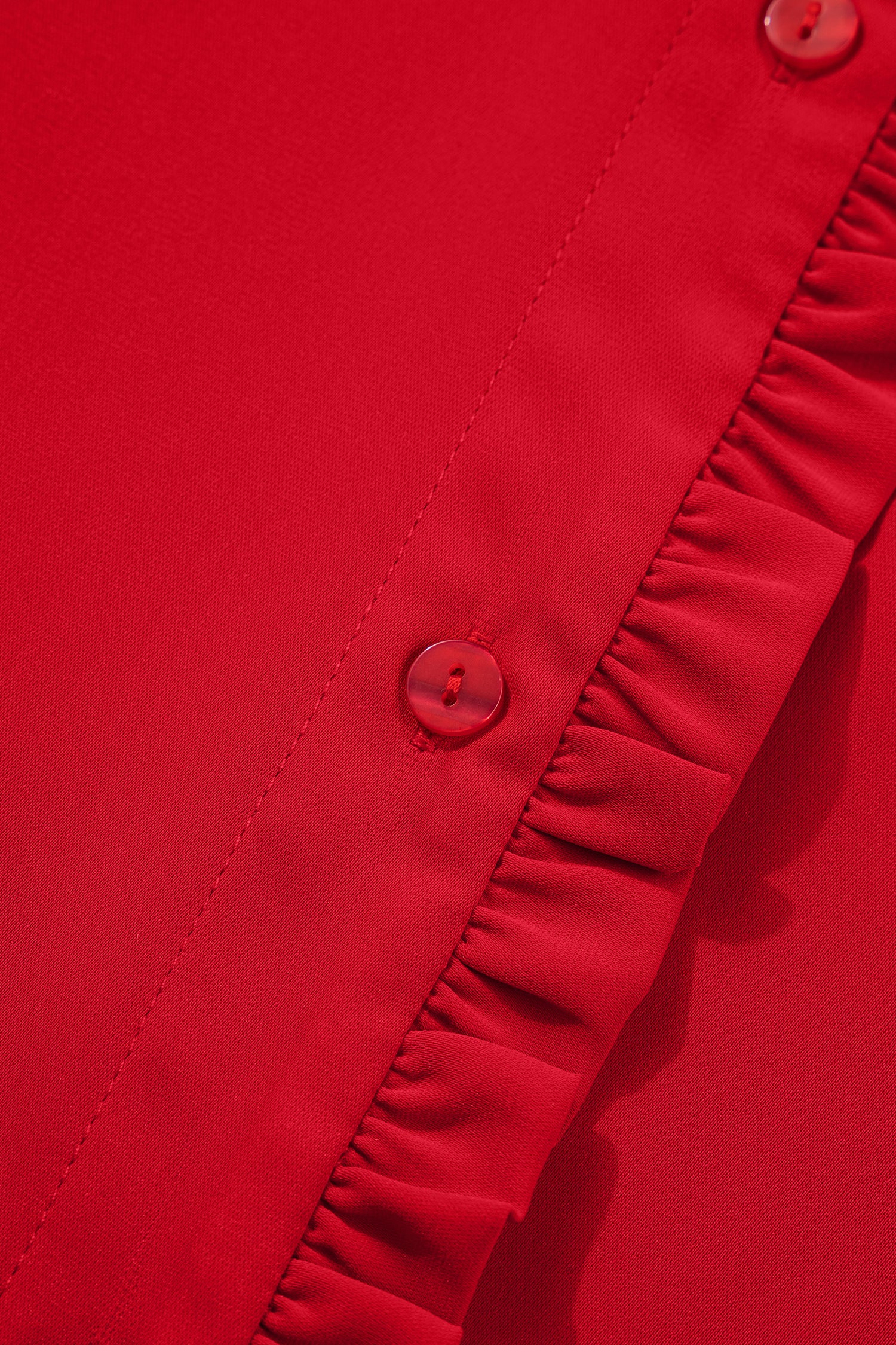 Fiery Red Frilled Trim Button Up Pleated Long Sleeve Shirt-Tops/Blouses & Shirts-[Adult]-[Female]-2022 Online Blue Zone Planet