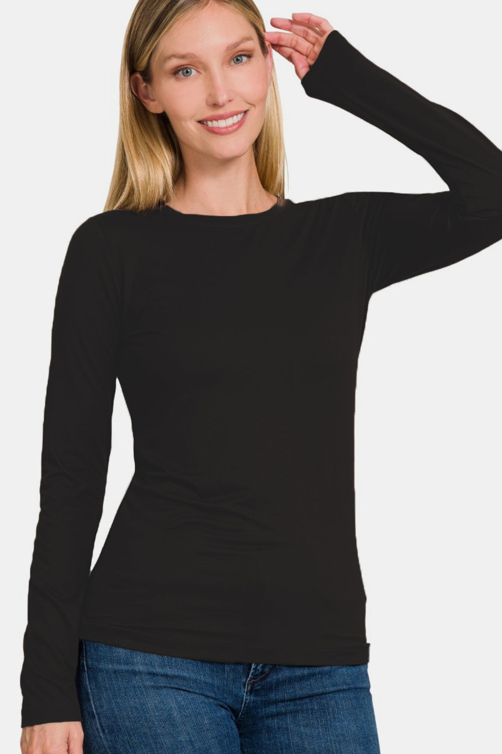 Zenana Ful Size Brushed Microfiber Long Sleeve Round Neck T-Shirt-TOPS / DRESSES-[Adult]-[Female]-2022 Online Blue Zone Planet