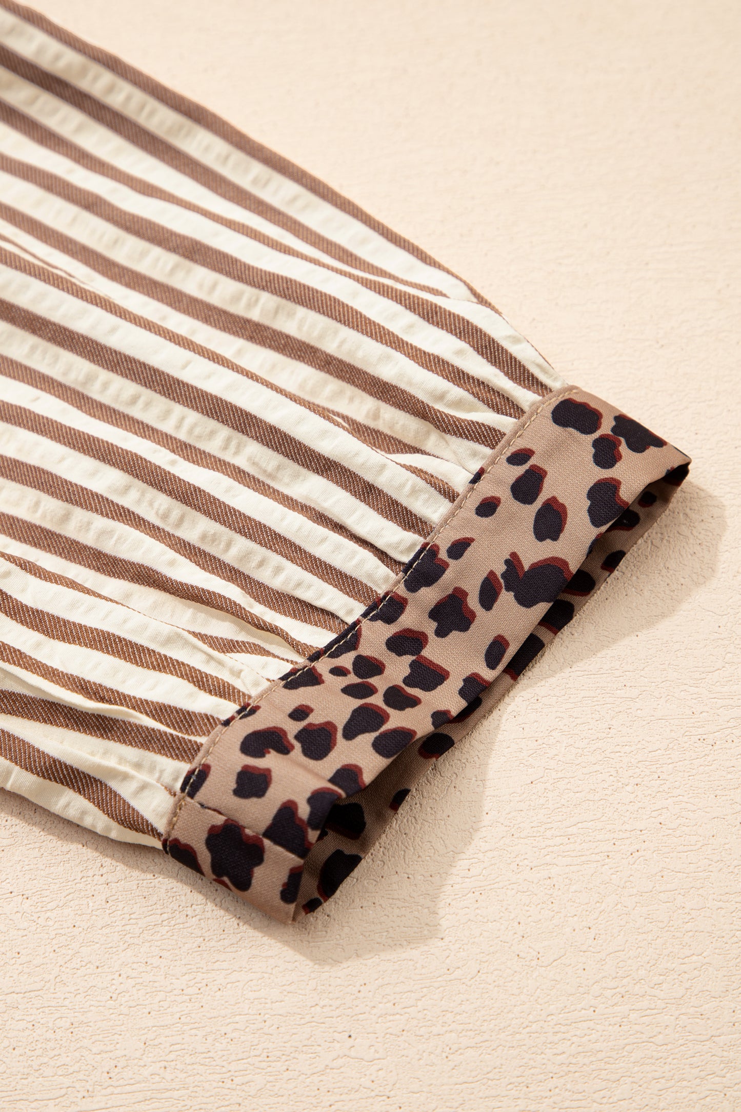 Khaki Stripe Square Button Leopard Trim Loose Bracelet Sleeve Shirt Dress-TOPS / DRESSES-[Adult]-[Female]-2022 Online Blue Zone Planet