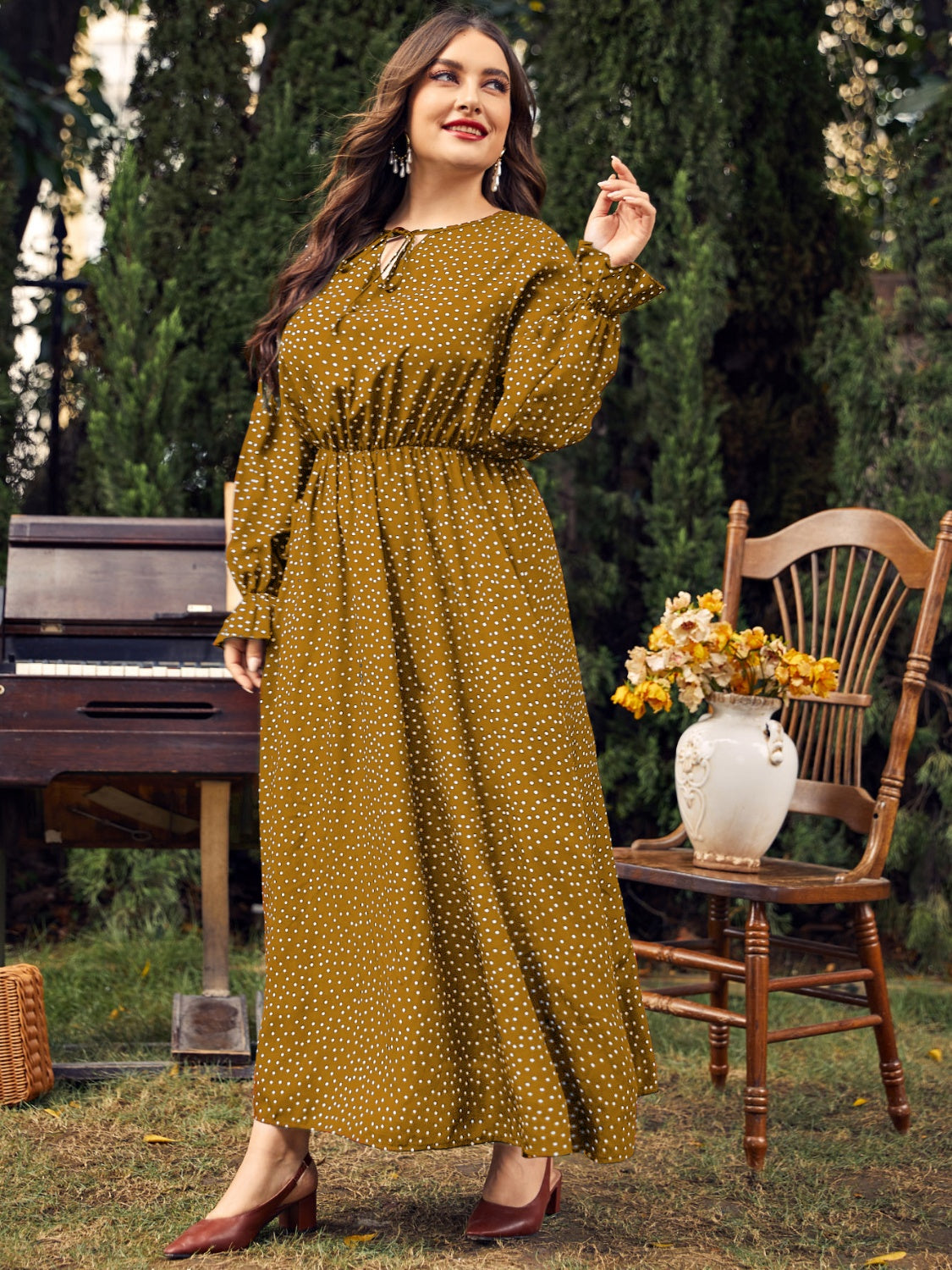 Plus Size Ruffled Polka Dot Long Sleeve Midi Dress-TOPS / DRESSES-[Adult]-[Female]-2022 Online Blue Zone Planet