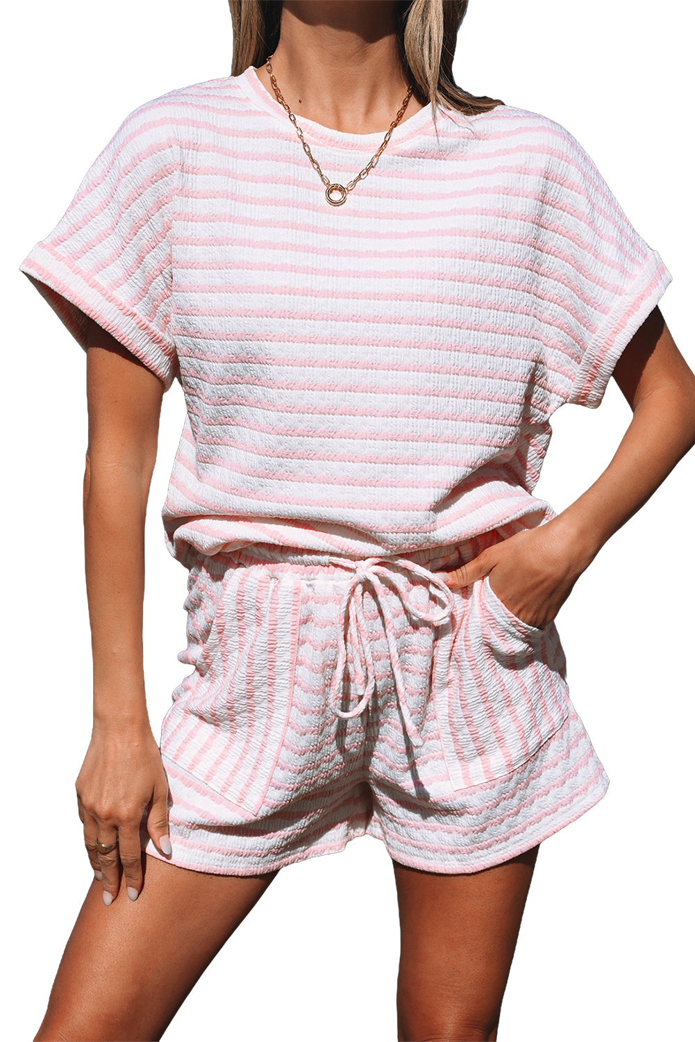 Pink Stripe Knitted Short Sleeve Top and Drawstring Shorts Set-Two Piece Sets/Short Sets-[Adult]-[Female]-2022 Online Blue Zone Planet