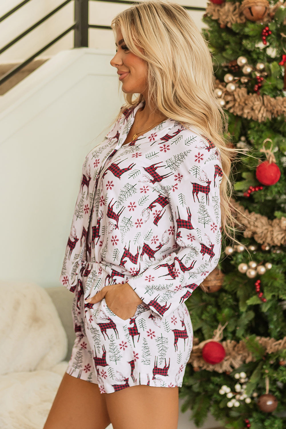 Blue Zone Planet | White Christmas Deer Printed Shirt and Shorts Lounge Set-TOPS / DRESSES-[Adult]-[Female]-2022 Online Blue Zone Planet