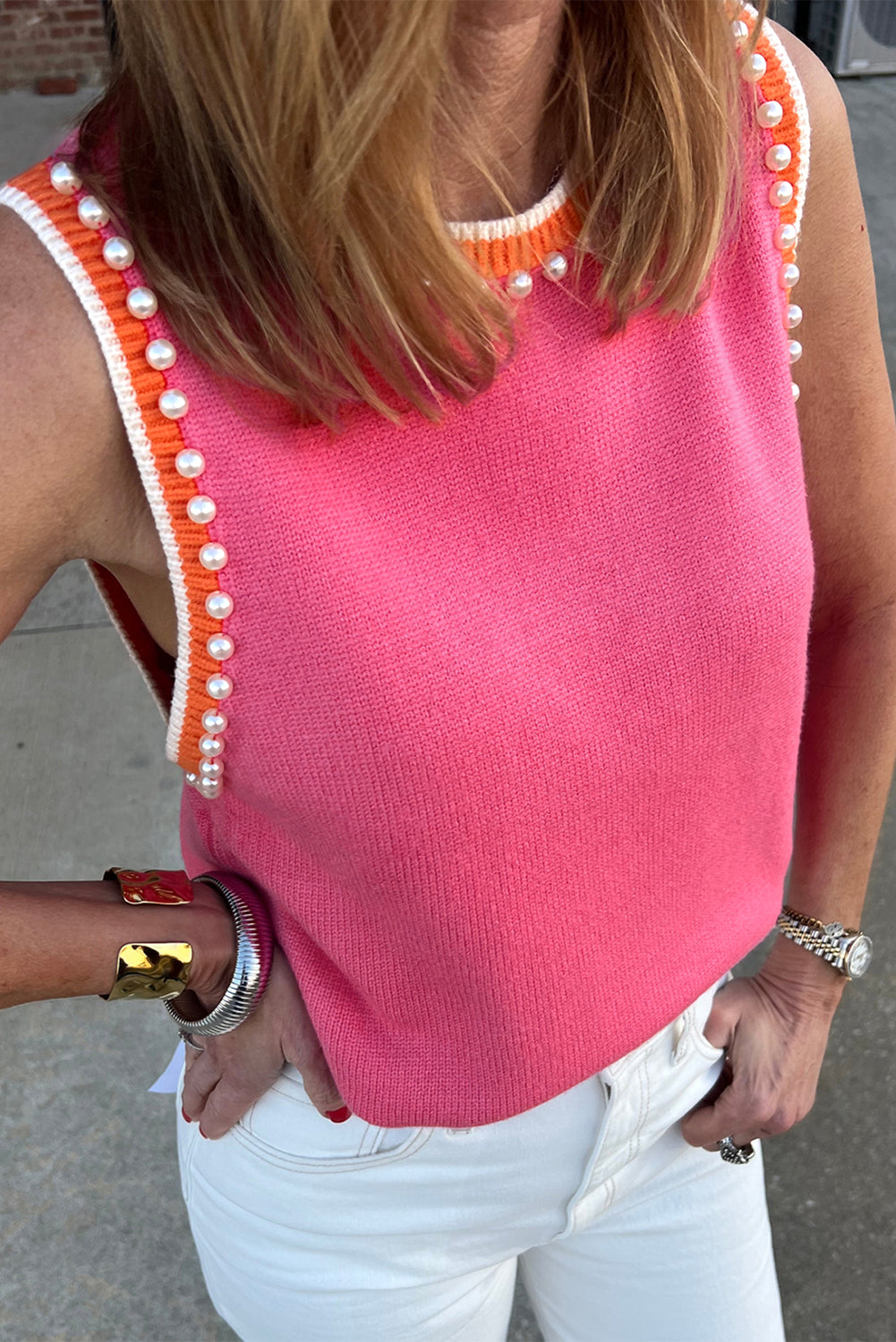 Bright Pink Contrast Trim Pearl Detail Sweater Tank Top-TOPS / DRESSES-[Adult]-[Female]-Bright Pink-S-2022 Online Blue Zone Planet