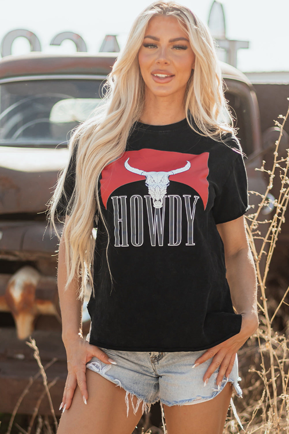 Black Western Howdy Steer Head Print Side Slits Loose Fit T Shirt