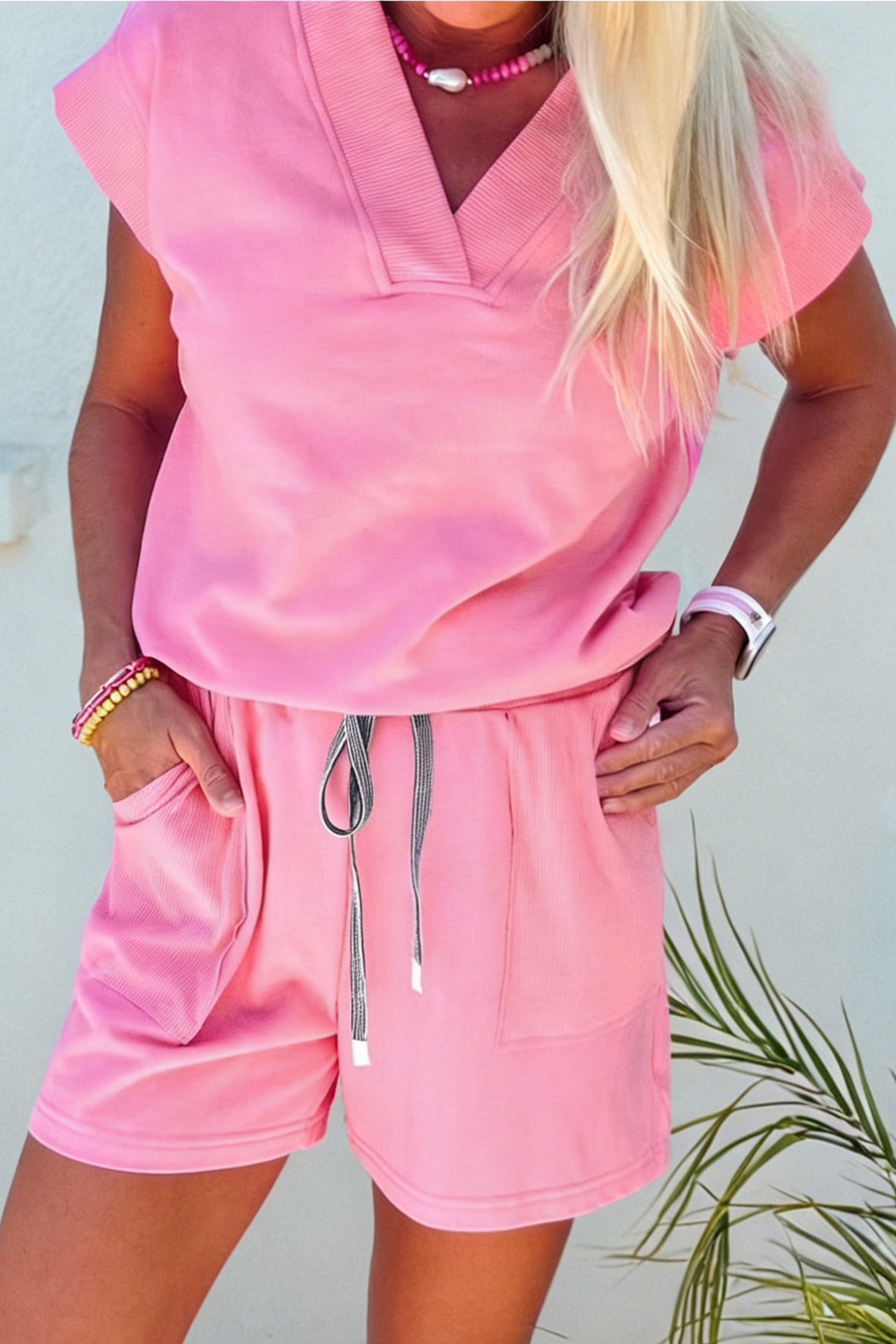 Sachet Pink V Neck Short Sleeve Top Drawstring Shorts 2pcs Set-Two Piece Sets/Short Sets-[Adult]-[Female]-Sachet Pink-S-2022 Online Blue Zone Planet