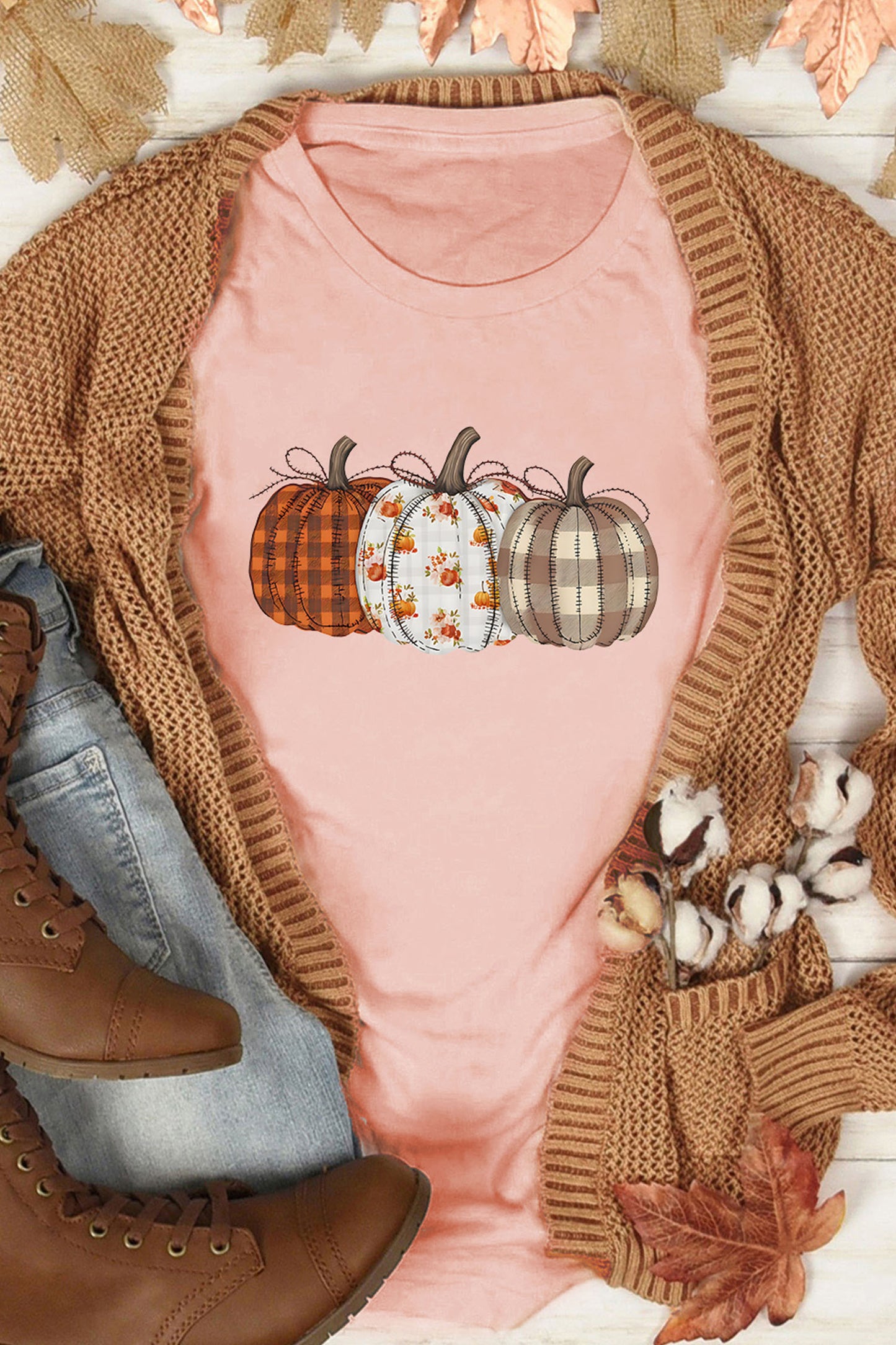 Pink Mix Pattern Pumpkin Print Round Neck T Shirt