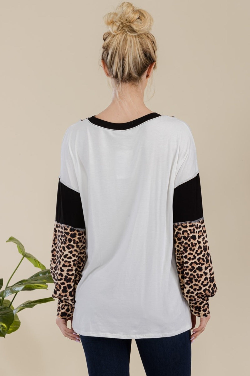 Blue Zone Planet | Celeste Full Size Leopard Color Block Exposed Seam T-Shirt-TOPS / DRESSES-[Adult]-[Female]-2022 Online Blue Zone Planet