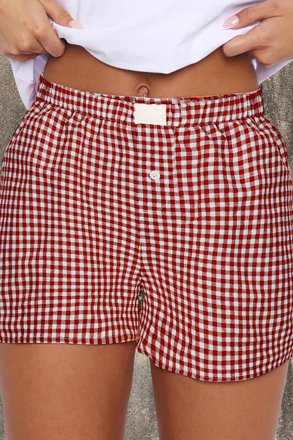 Blue Zone Planet | Red Plaid Gingham Printed High Waist Shorts-Bottoms/Casual Shorts-[Adult]-[Female]-2022 Online Blue Zone Planet