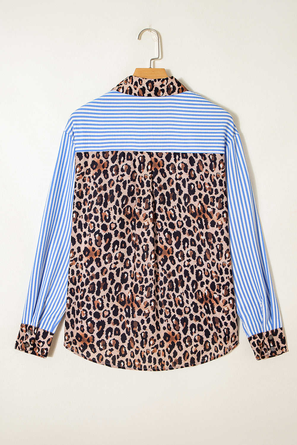 Sky Blue Striped Leopard Print Patchwork Button Up Womens Shirt-Tops/Blouses & Shirts-[Adult]-[Female]-2022 Online Blue Zone Planet