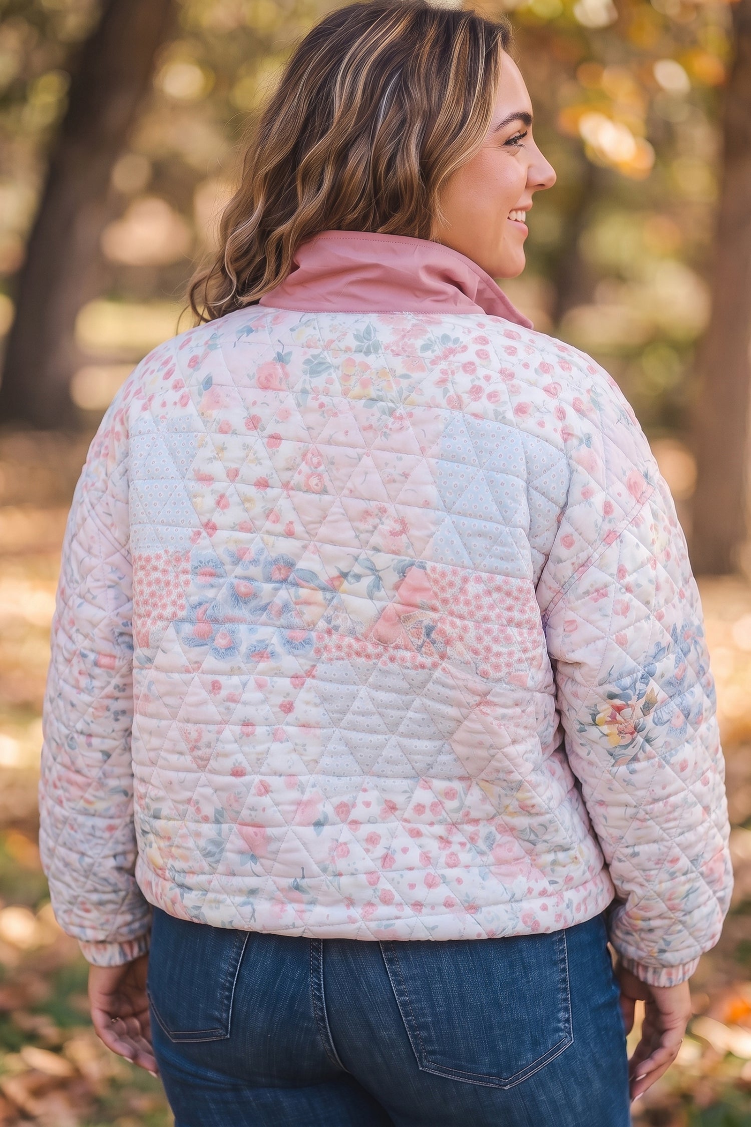 Pink Floral Quilted V-Neck Plus Size Fake Pocket Sweatshirt-Plus Size/Plus Size Sweatshirts & Hoodies-[Adult]-[Female]-2022 Online Blue Zone Planet