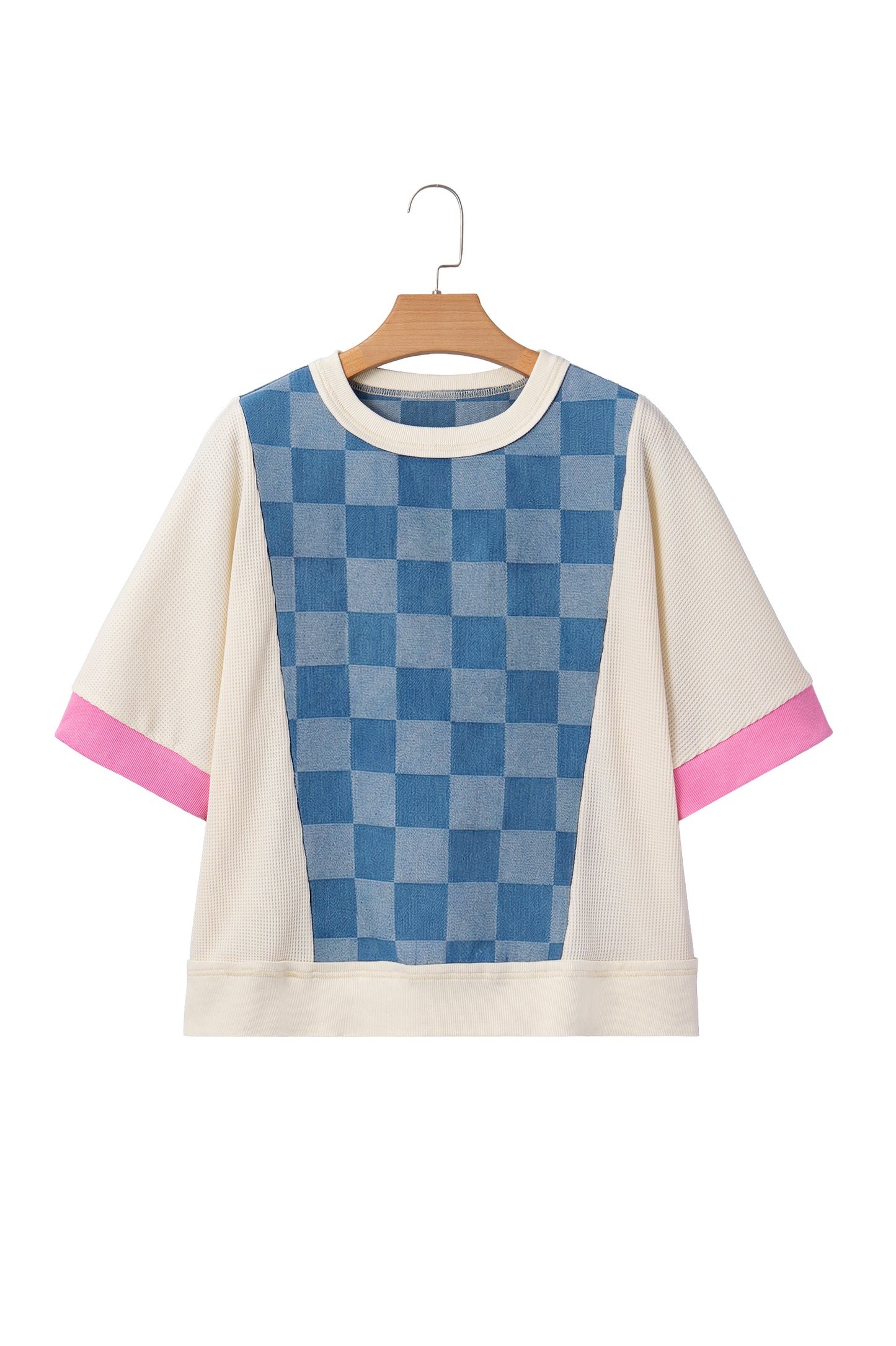 Dusk Blue Checkered Denim Patchwork Short Sleeve Loose Top-Tops/Tops & Tees-[Adult]-[Female]-2022 Online Blue Zone Planet